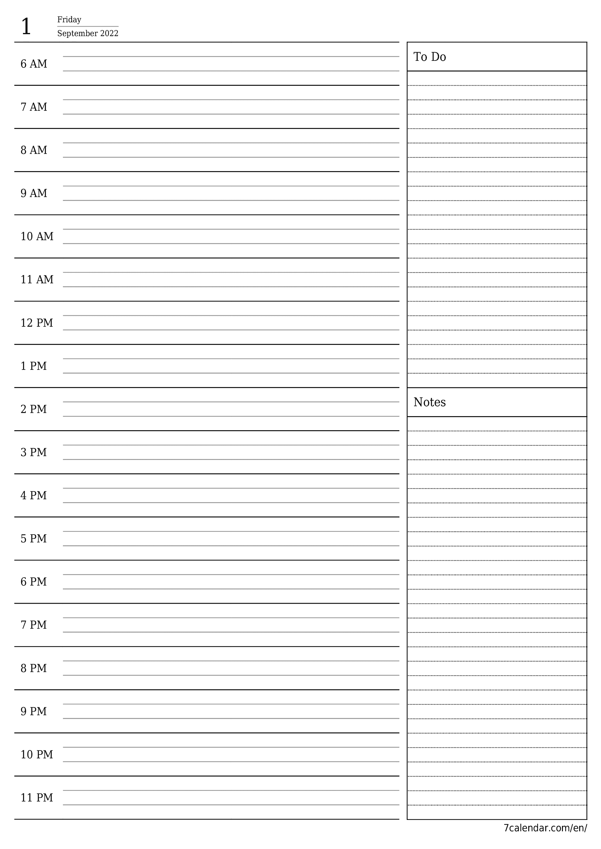 Blank daily printable calendar and planner for day September 2022 with notes, save and print to PDF PNG English