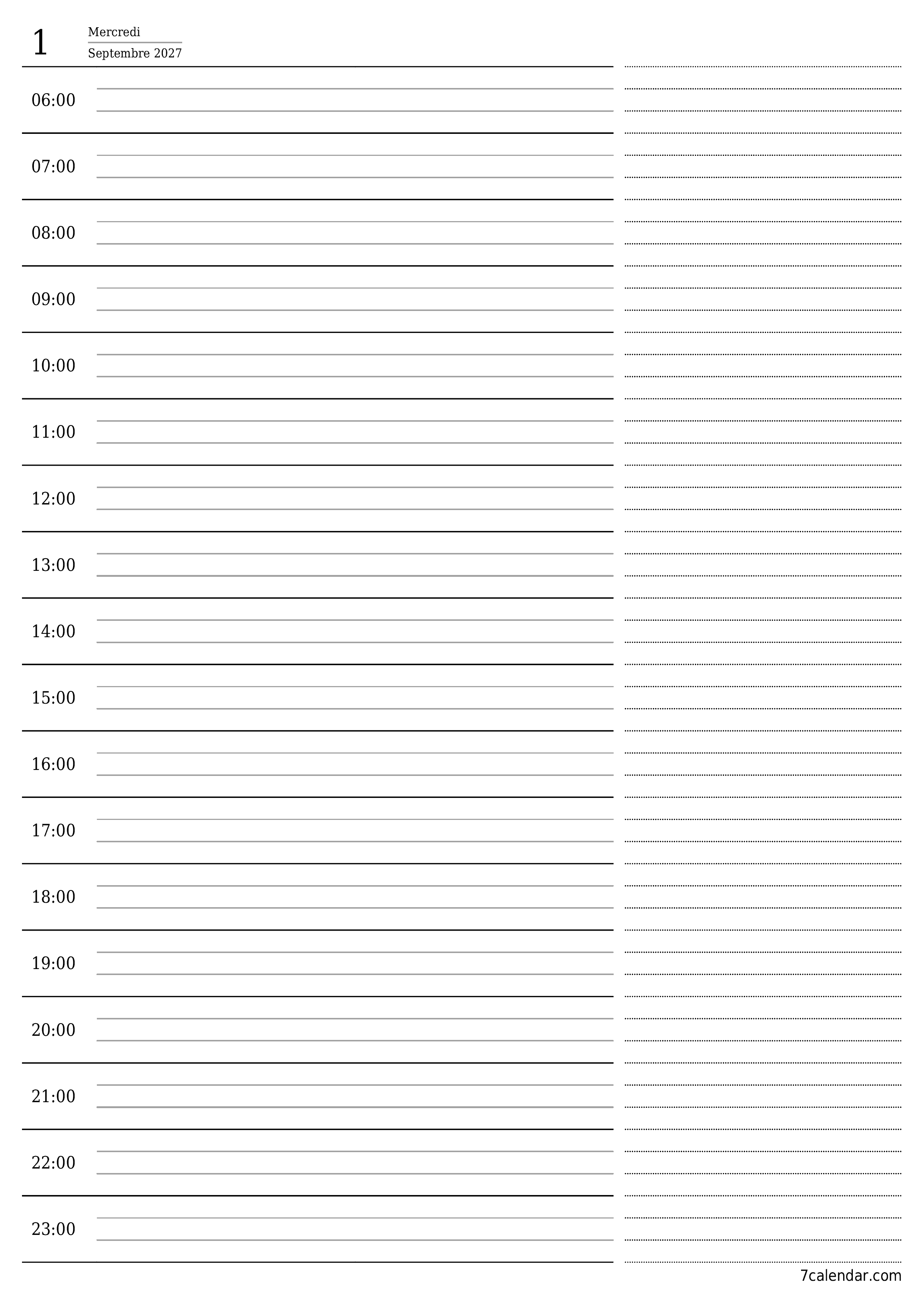 Agenda quotidien vide pour la journée Septembre 2027 avec notes, enregistrez et imprimez au format PDF PNG French