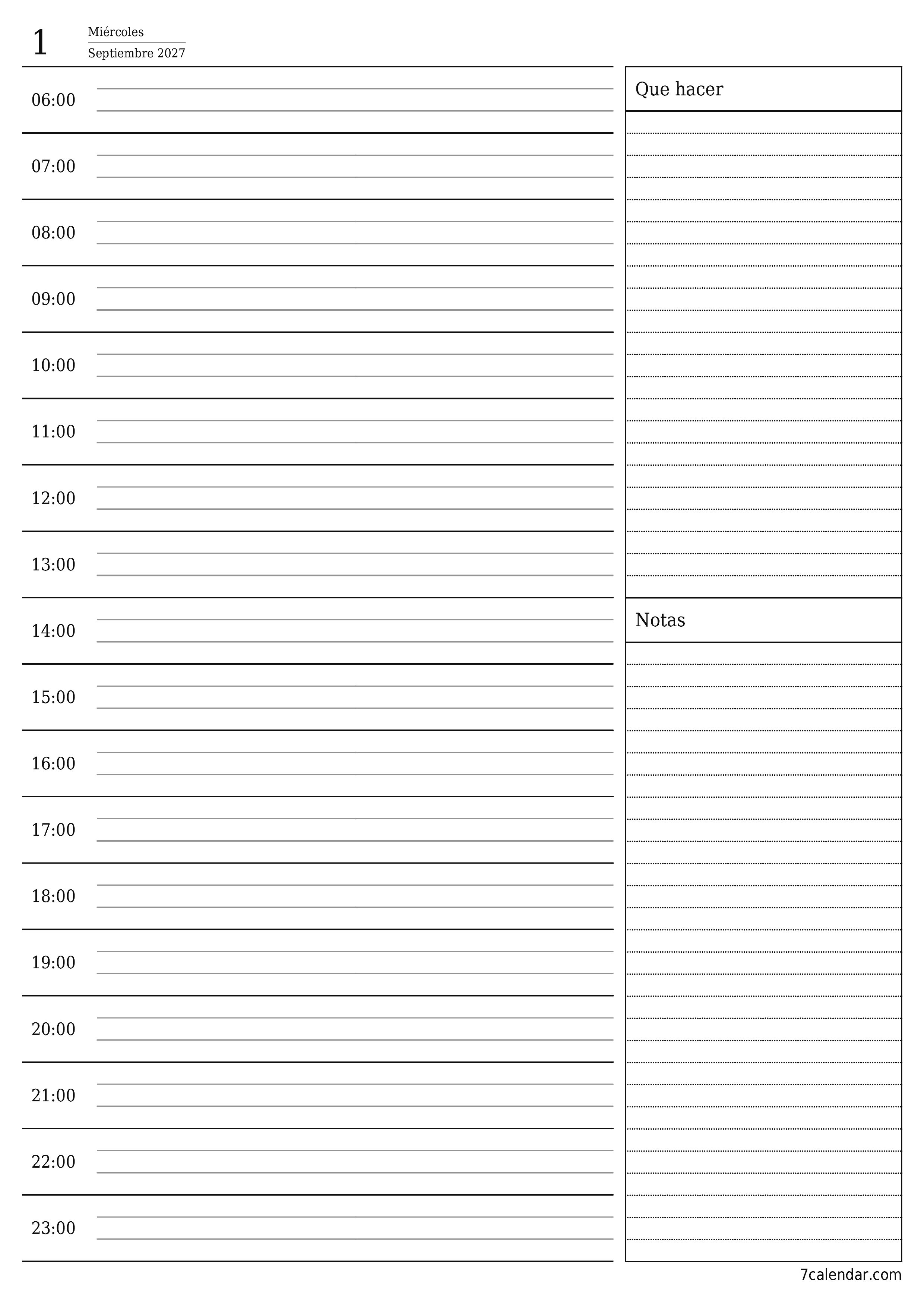 Planificador diario vacío para el día Septiembre 2027 con notas, guardar e imprimir en PDF PNG Spanish