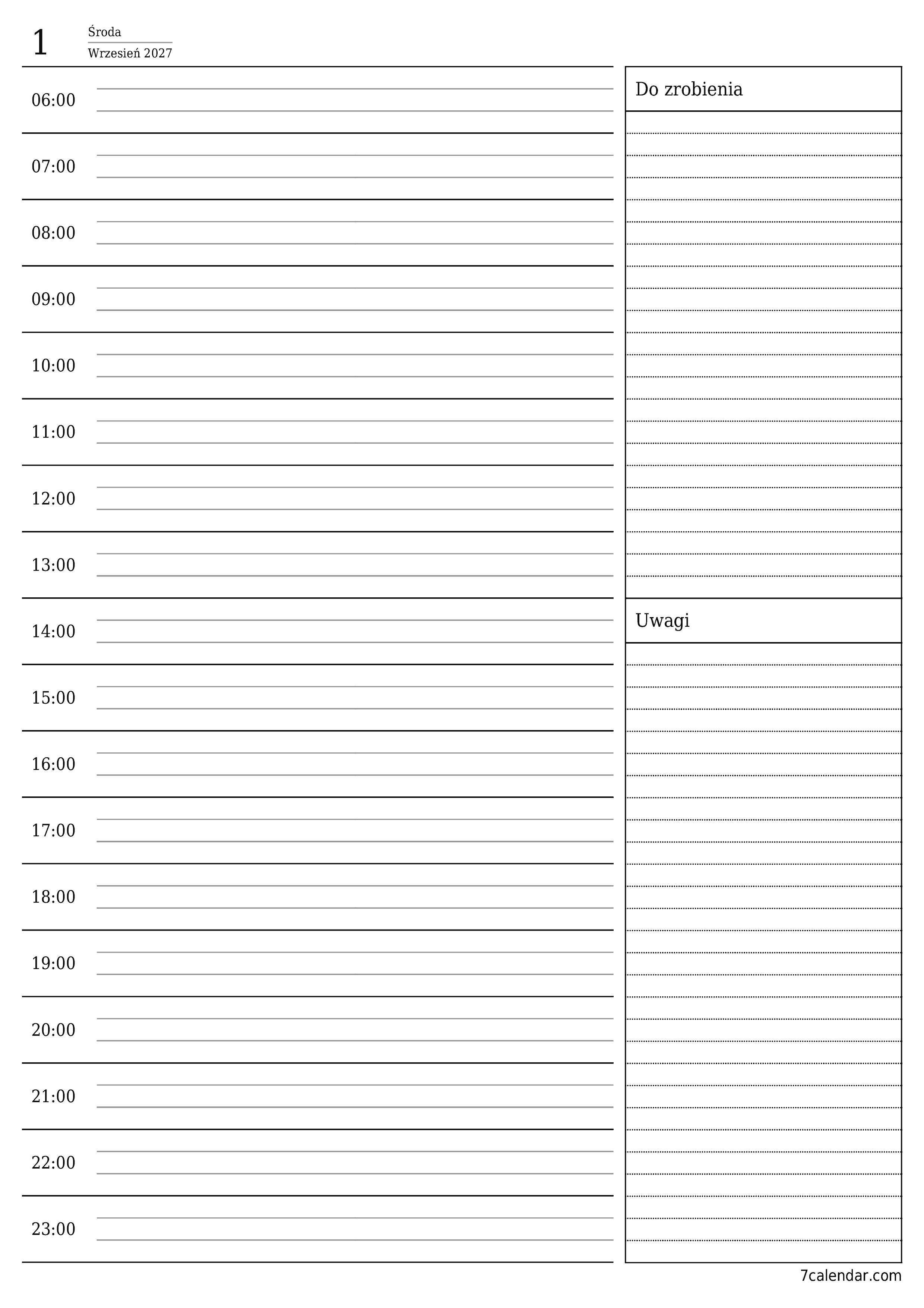 Opróżnij planer dzienny na dzień Wrzesień 2027 z notatkami, zapisz i wydrukuj w formacie PDF PNG Polish