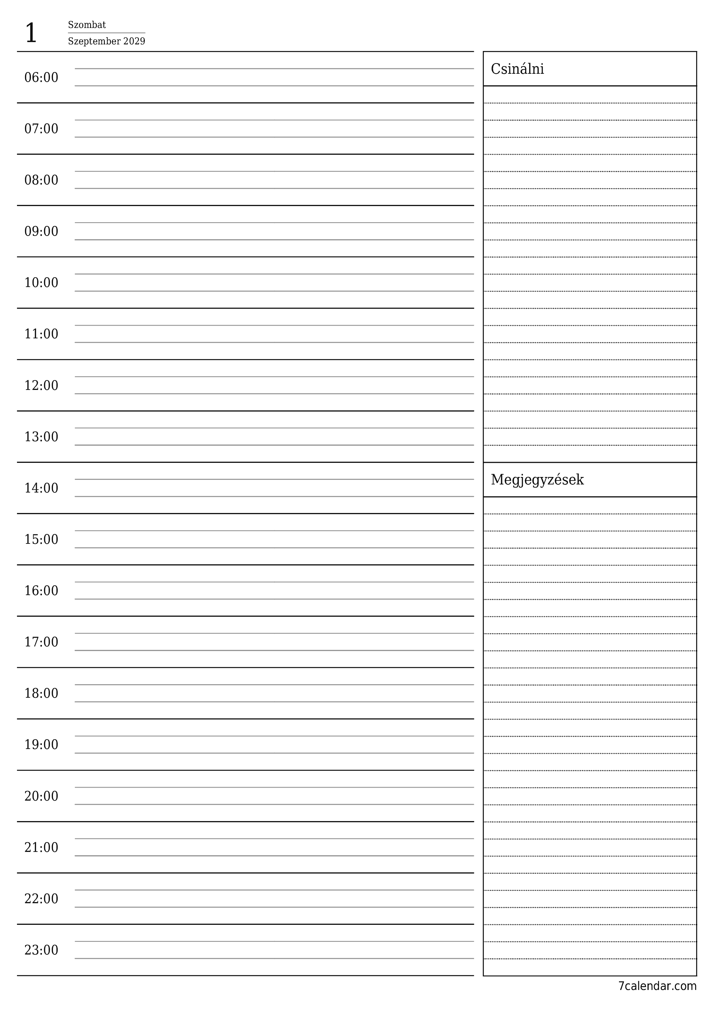 nyomtatható fali sablon ingyenes függőleges Napi tervező naptár Szeptember (Sze) 2029
