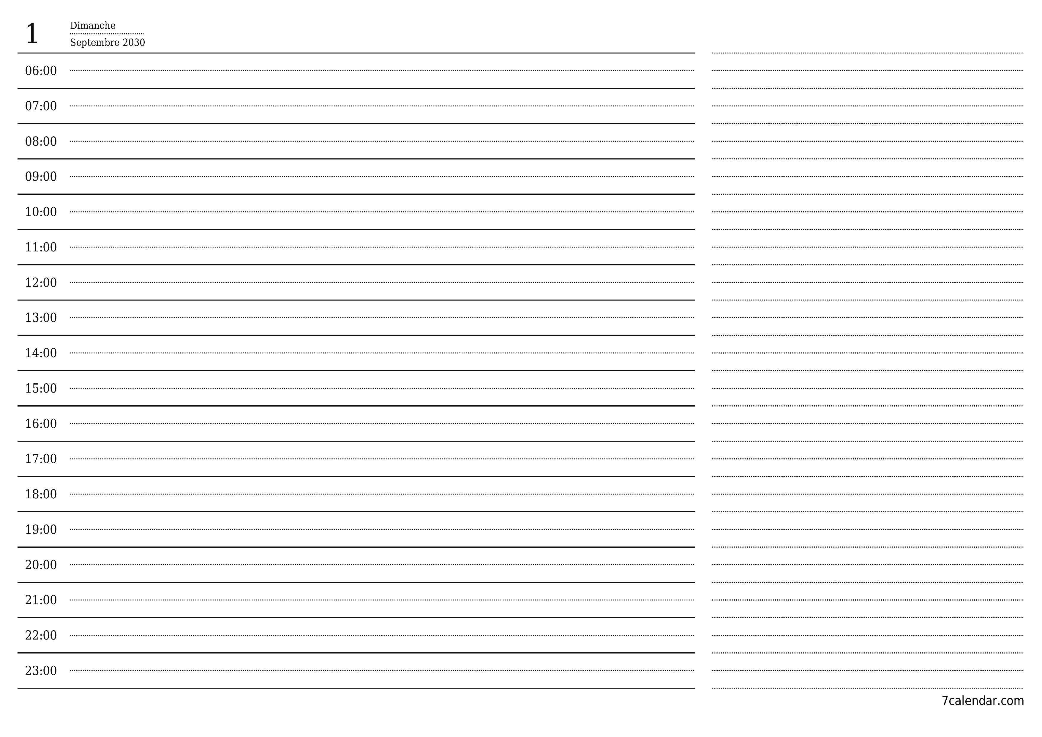 Agenda quotidien vide pour la journée Septembre 2030 avec notes, enregistrez et imprimez au format PDF PNG French