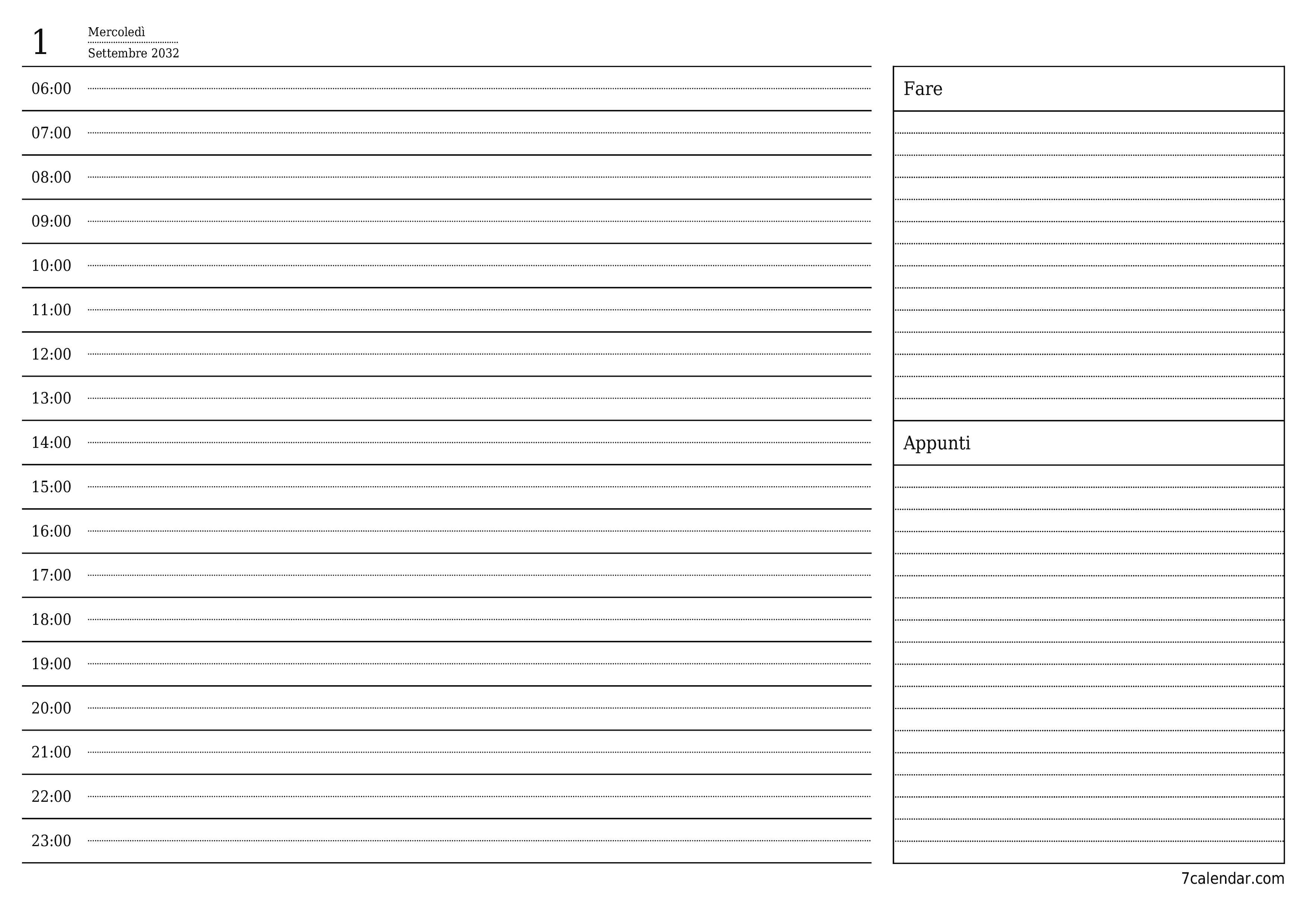 Agenda giornaliera vuota Settembre 2032 con note, salva e stampa in PDF PNG Italian