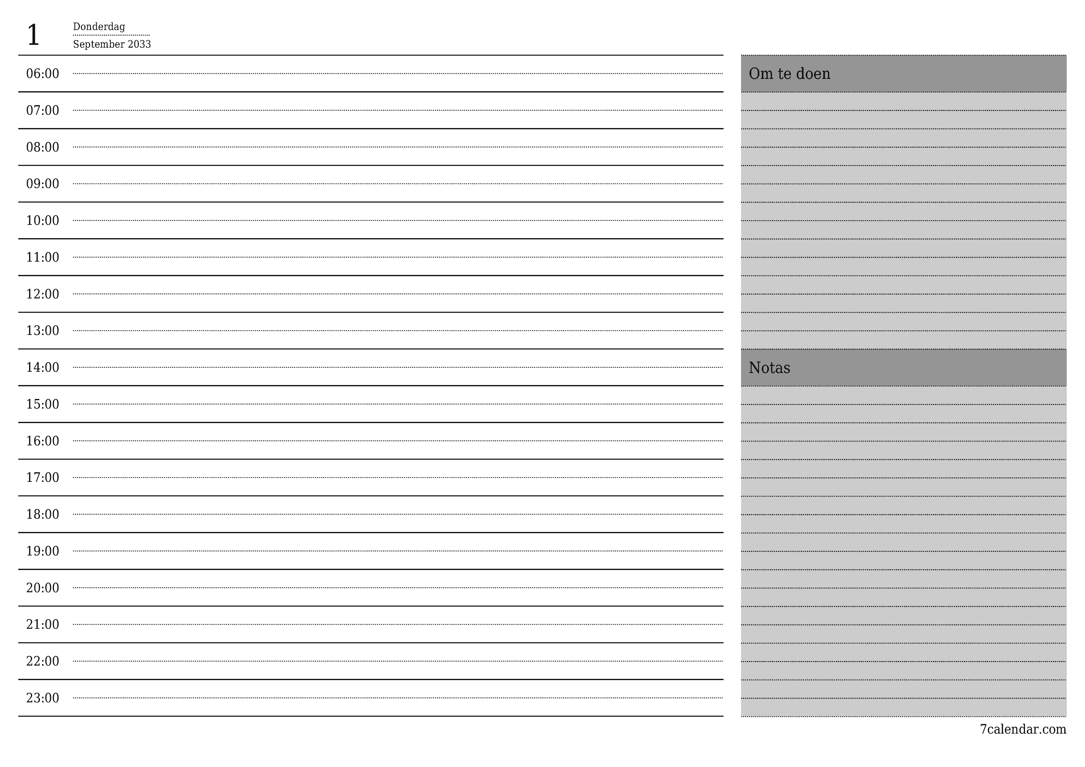 Leë daaglikse drukbare kalender en beplanner vir dag September 2033 met notas, stoor en druk na PDF PNG Afrikaans