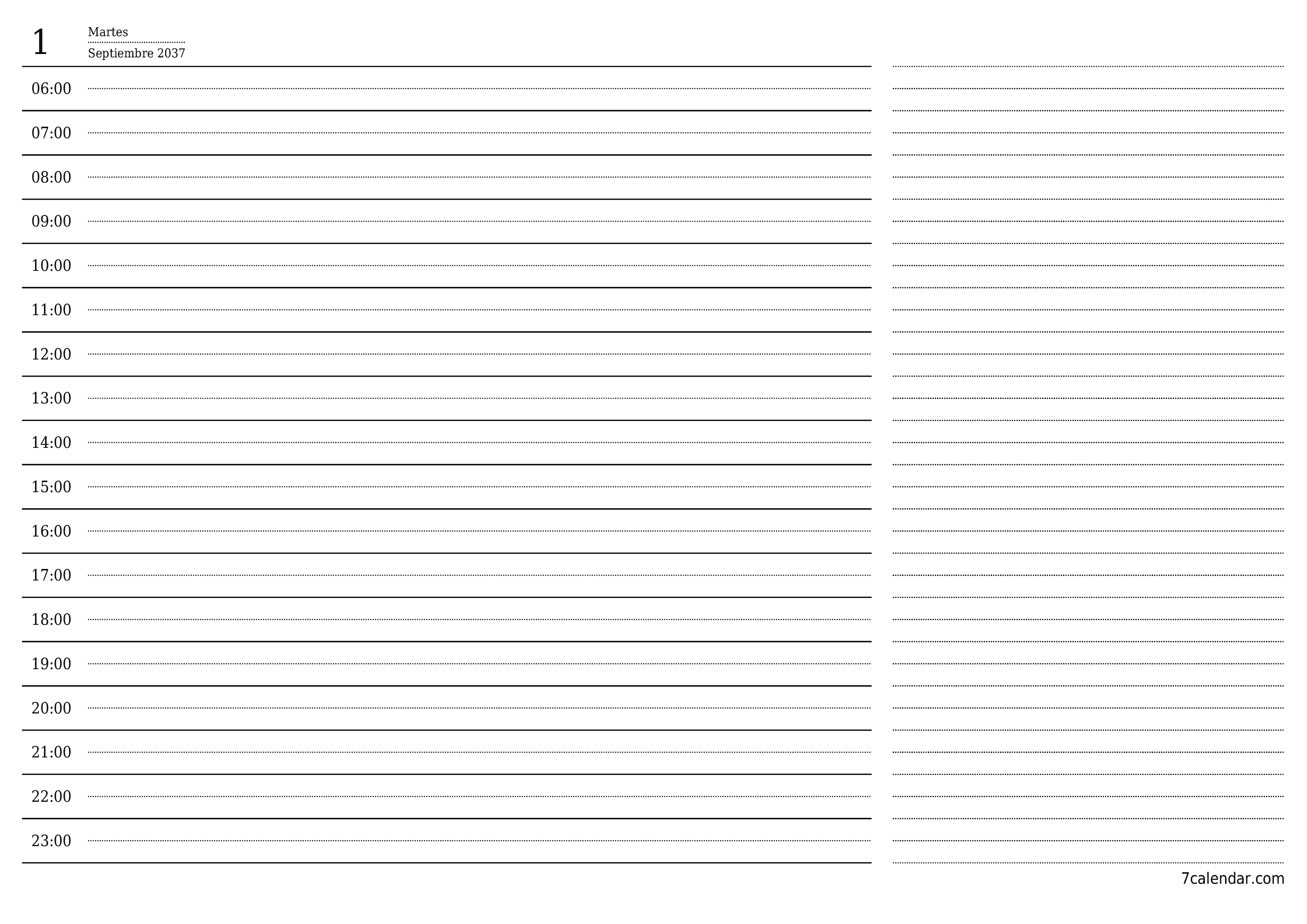 Planificador diario vacío para el día Septiembre 2037 con notas, guardar e imprimir en PDF PNG Spanish