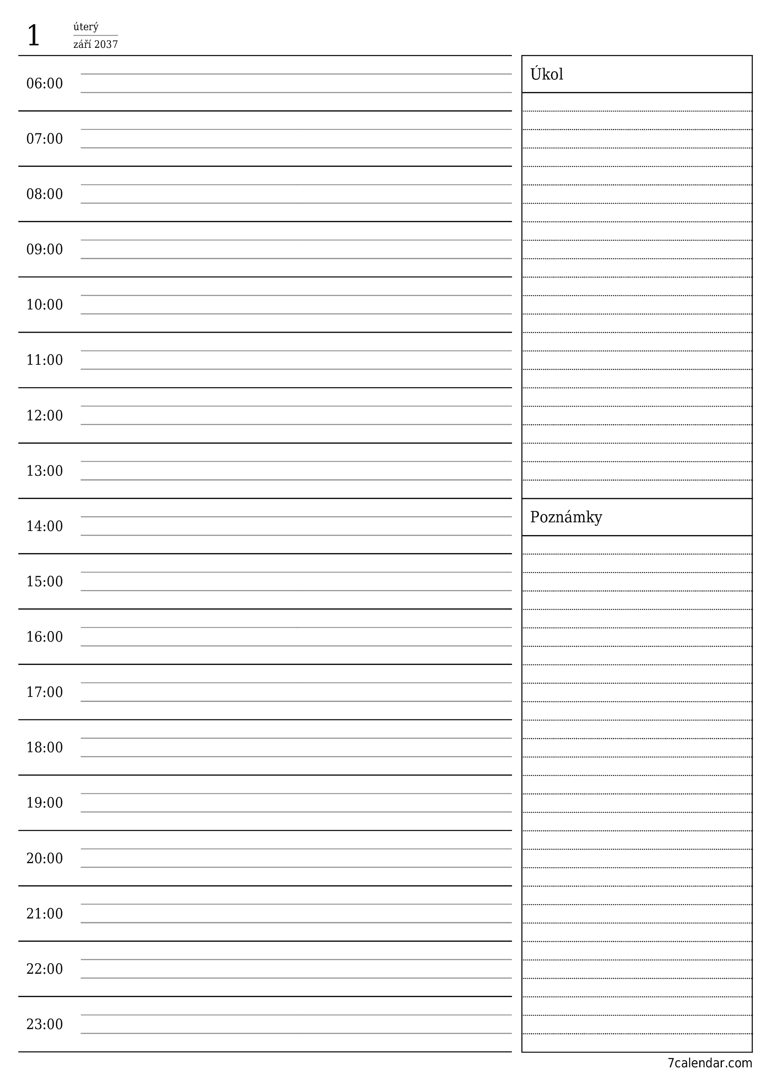  pro tisk nástěnný šablona e zdarmavertikální Denní plánovač kalendář září (zář) 2037