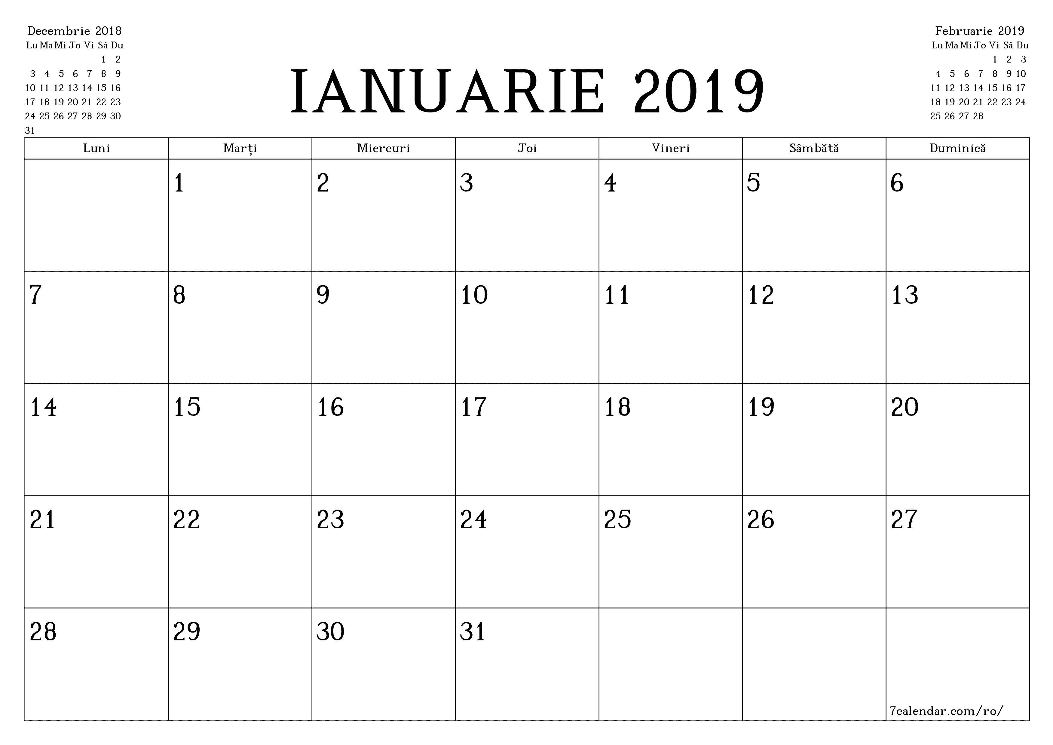 Planificator lunar gol pentru luna Ianuarie 2019 cu note, salvați și tipăriți în PDF PNG Romanian