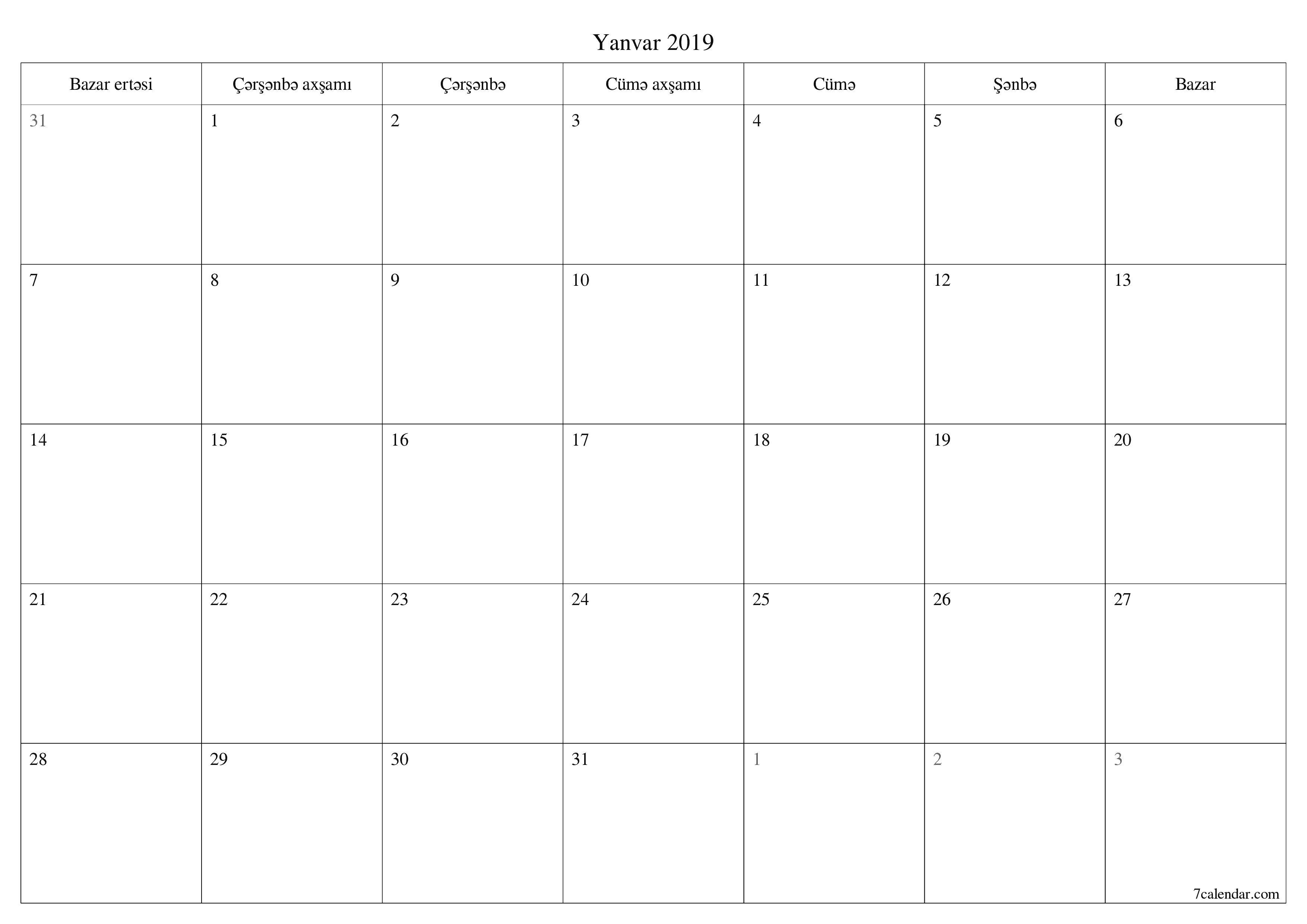Yanvar 2019 ayı üçün qeydlər ilə boş aylıq planlayıcı, qeyd edin və PDF-ə yazdırın PNG Azerbaijani