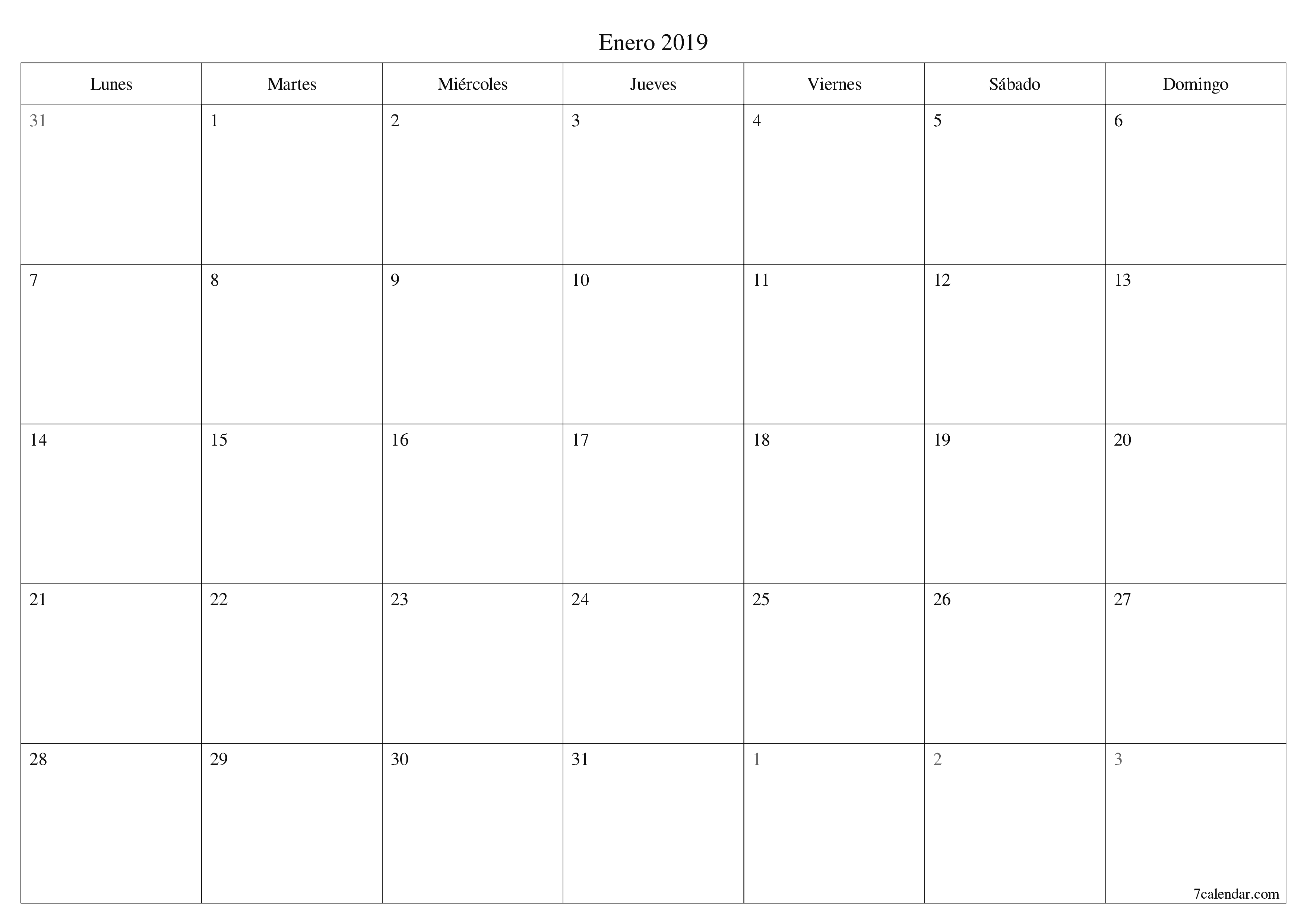  imprimible de pared plantilla de gratishorizontal Mensual planificador calendario Enero (Ene) 2019