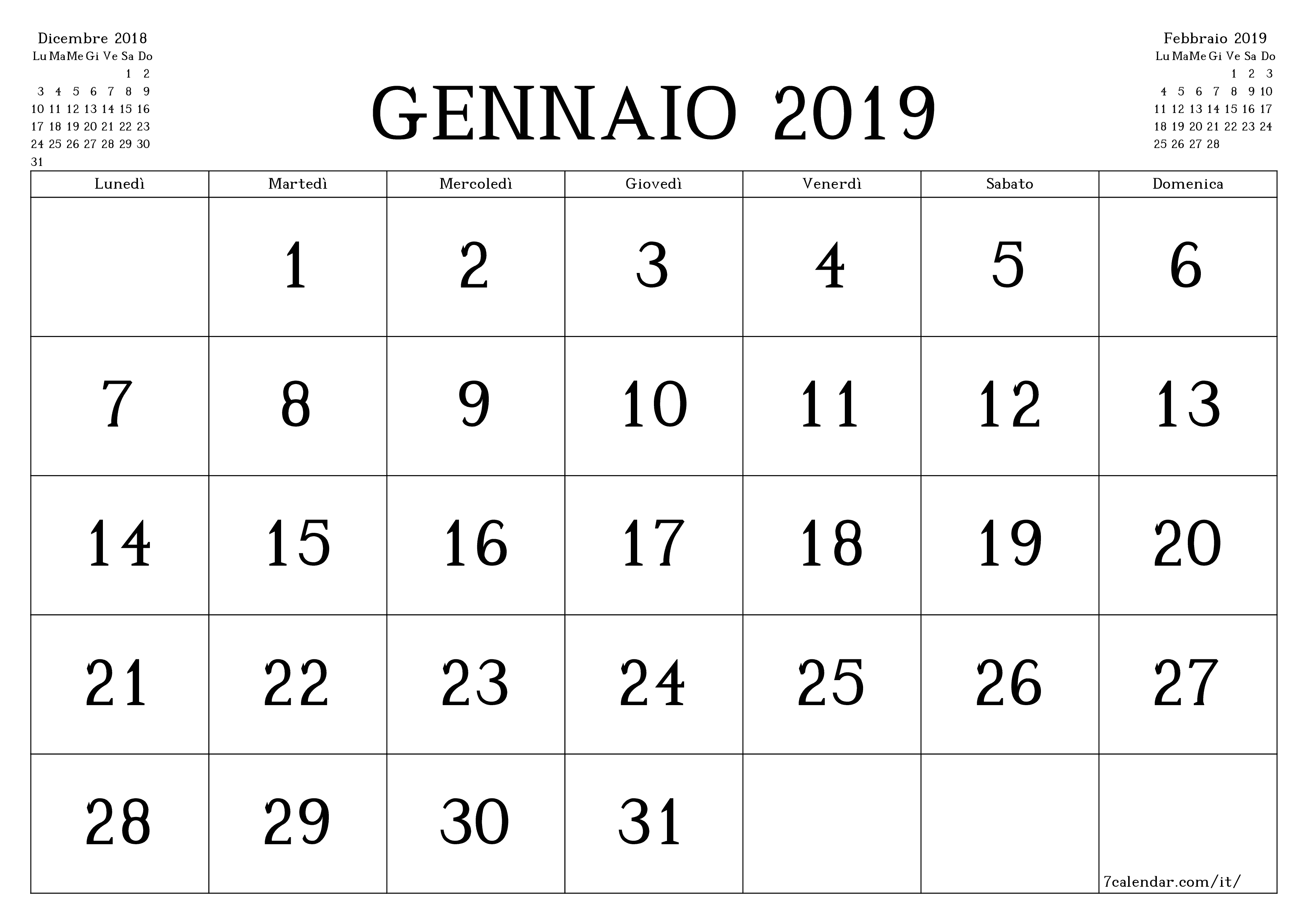 Pianificatore mensile vuoto per il mese Gennaio 2019 con note, salva e stampa in PDF PNG Italian