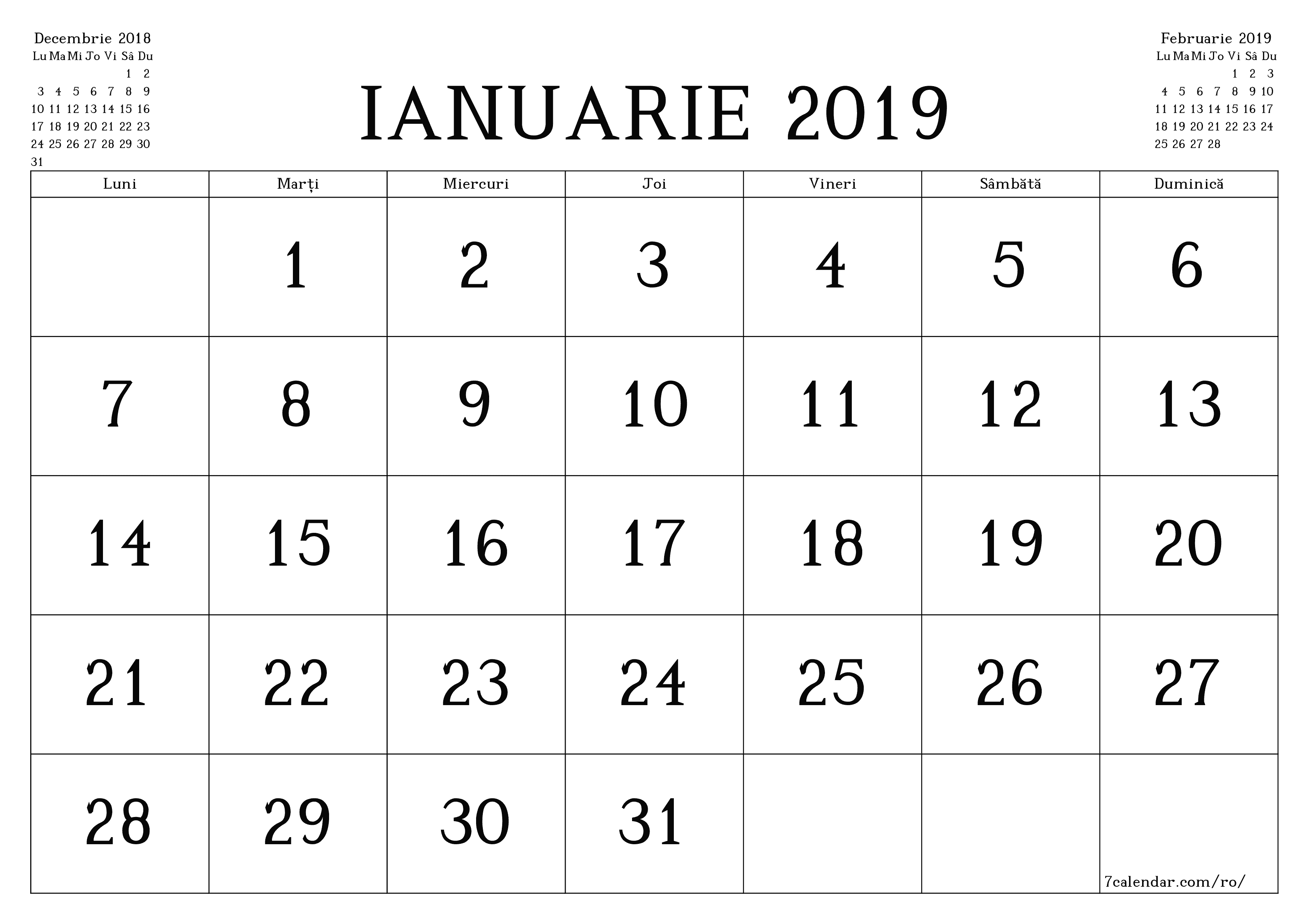 Planificator lunar gol pentru luna Ianuarie 2019 cu note, salvați și tipăriți în PDF PNG Romanian