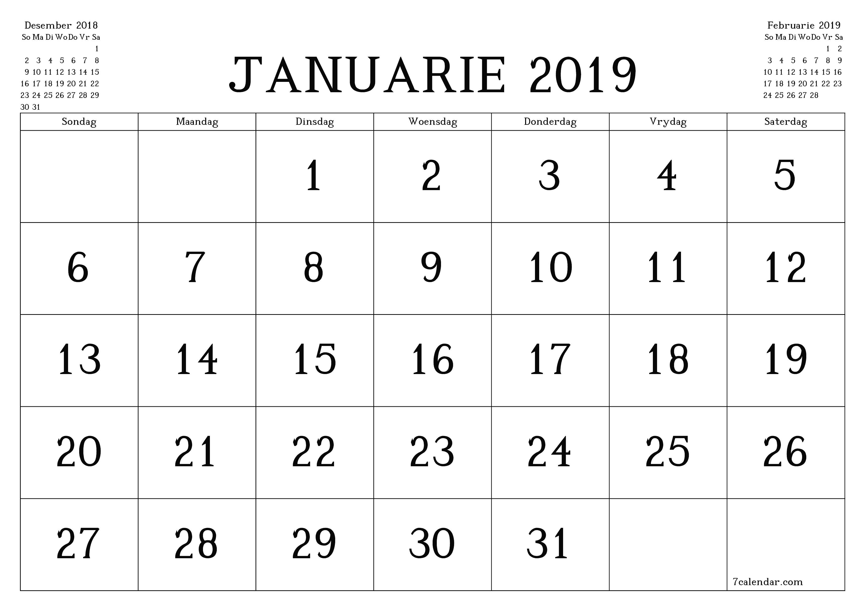 Leë maandelikse drukbare kalender en beplanner vir maand Januarie 2019 met notas stoor en druk na PDF PNG Afrikaans