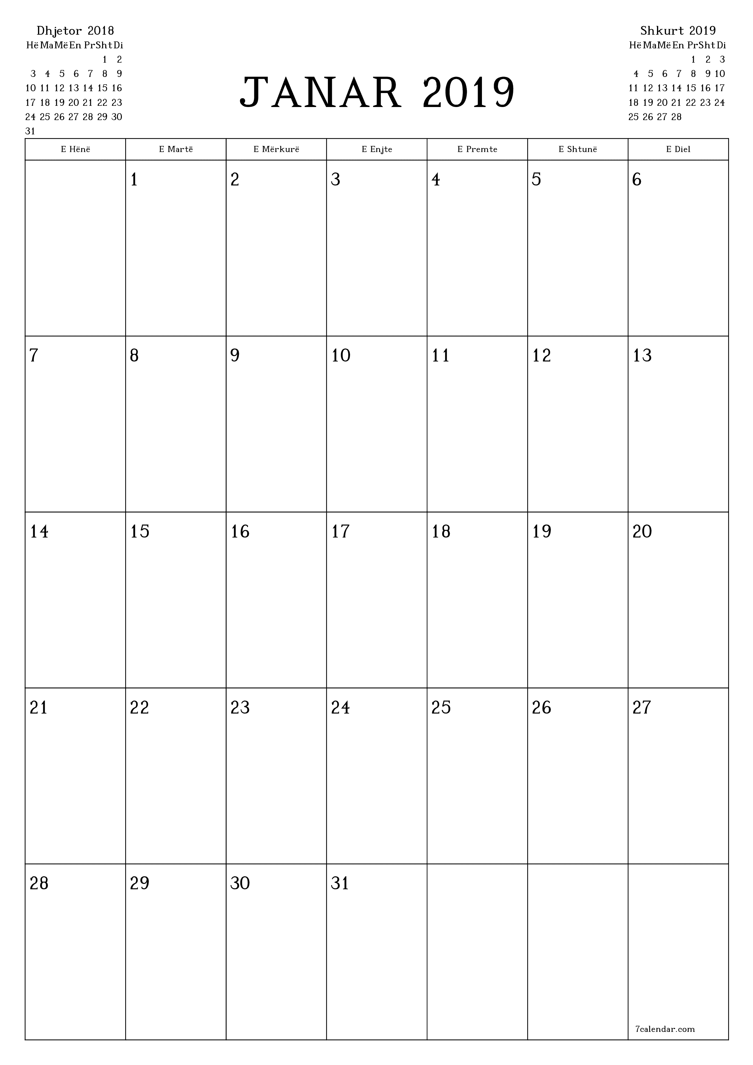 Planifikuesi i zbrazët i kalendarit mujor për muajin Janar 2019 me shënime të ruajtura dhe të printuara në PDF PNG Albanian