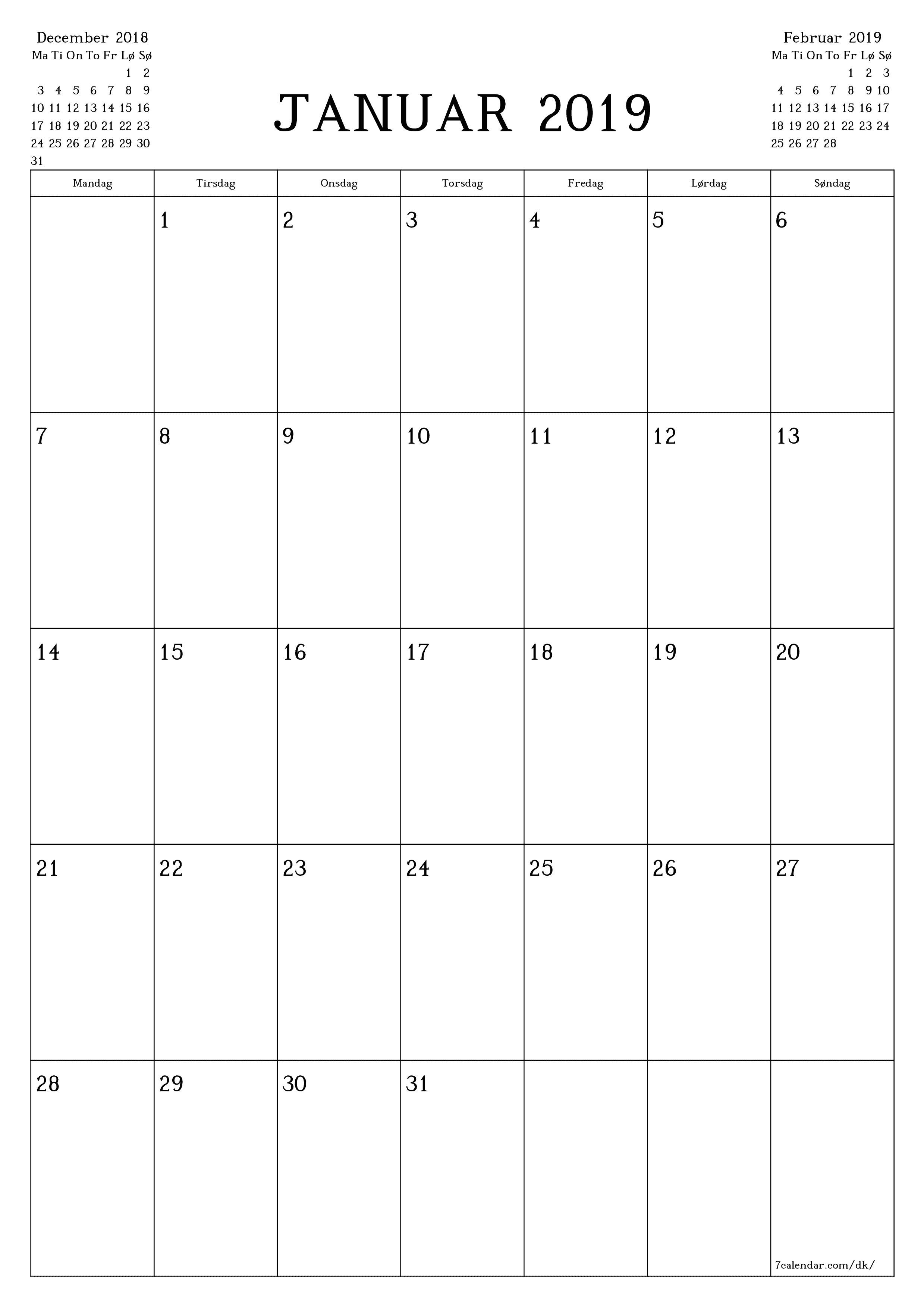 Tom månedlig planlægning for måned Januar 2019 med noter, gem og udskriv til PDF PNG Danish