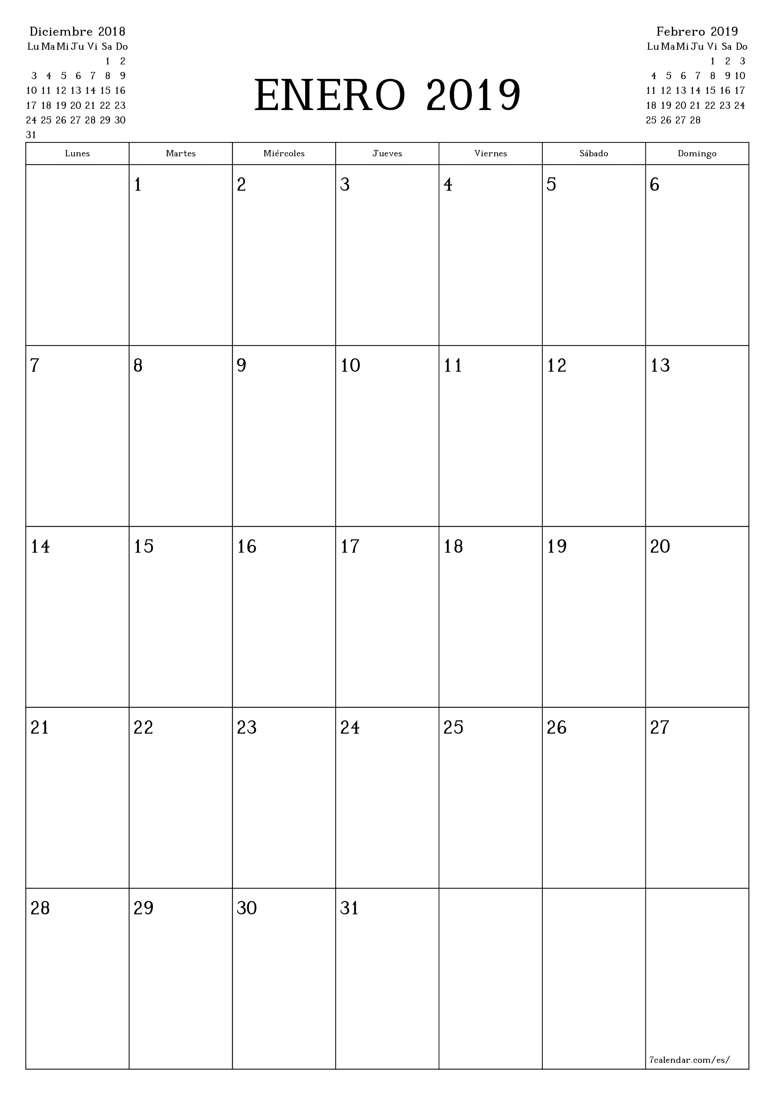 Planificador mensual vacío para el mes Enero 2019 con notas, guardar e imprimir en PDF PNG Spanish