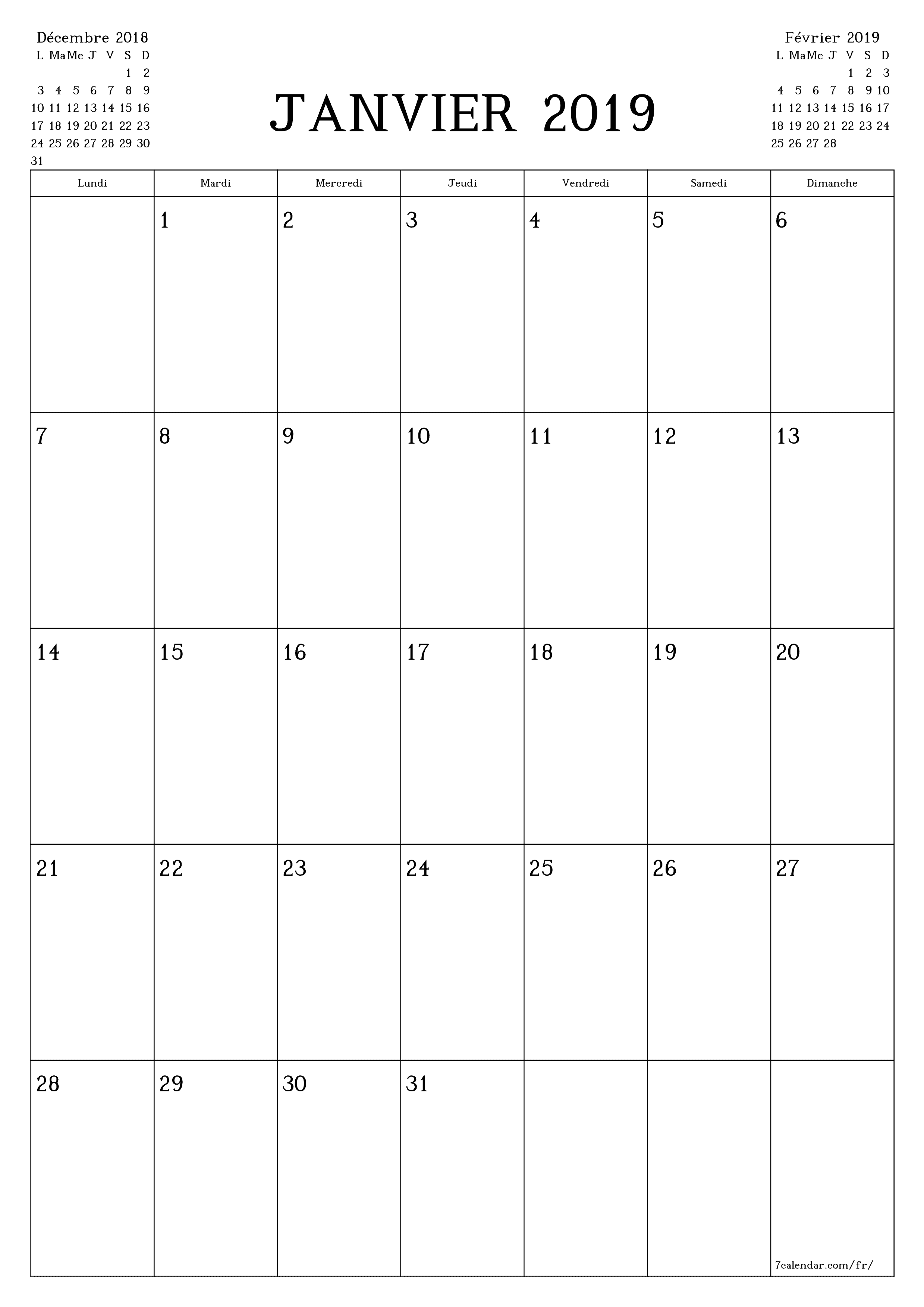 Agenda mensuel vide pour le mois Janvier 2019 avec notes, enregistrez et imprimez au format PDF PNG French