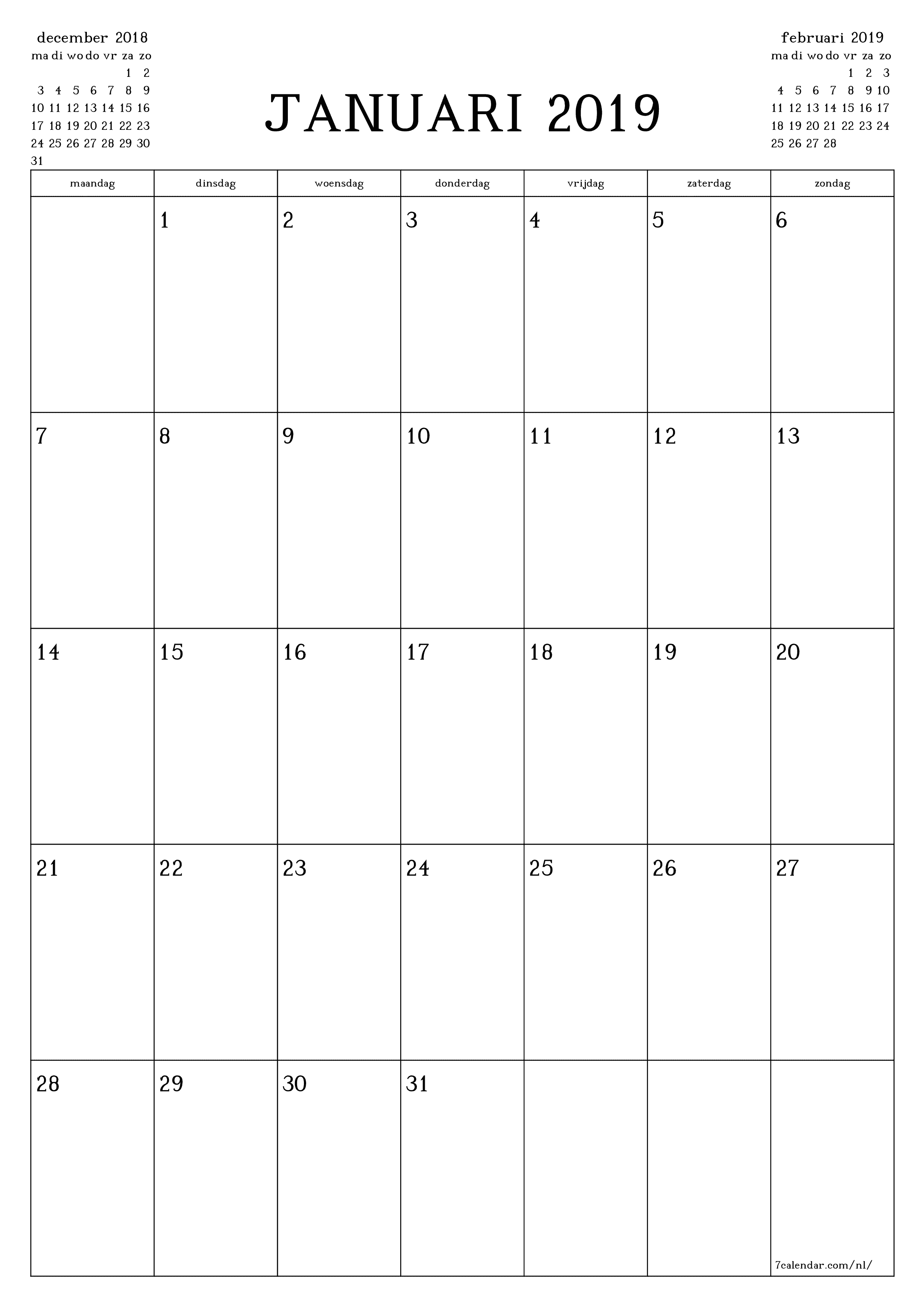 Lege maandplanner voor maand januari 2019 met notities, opslaan en afdrukken naar pdf PNG Dutch