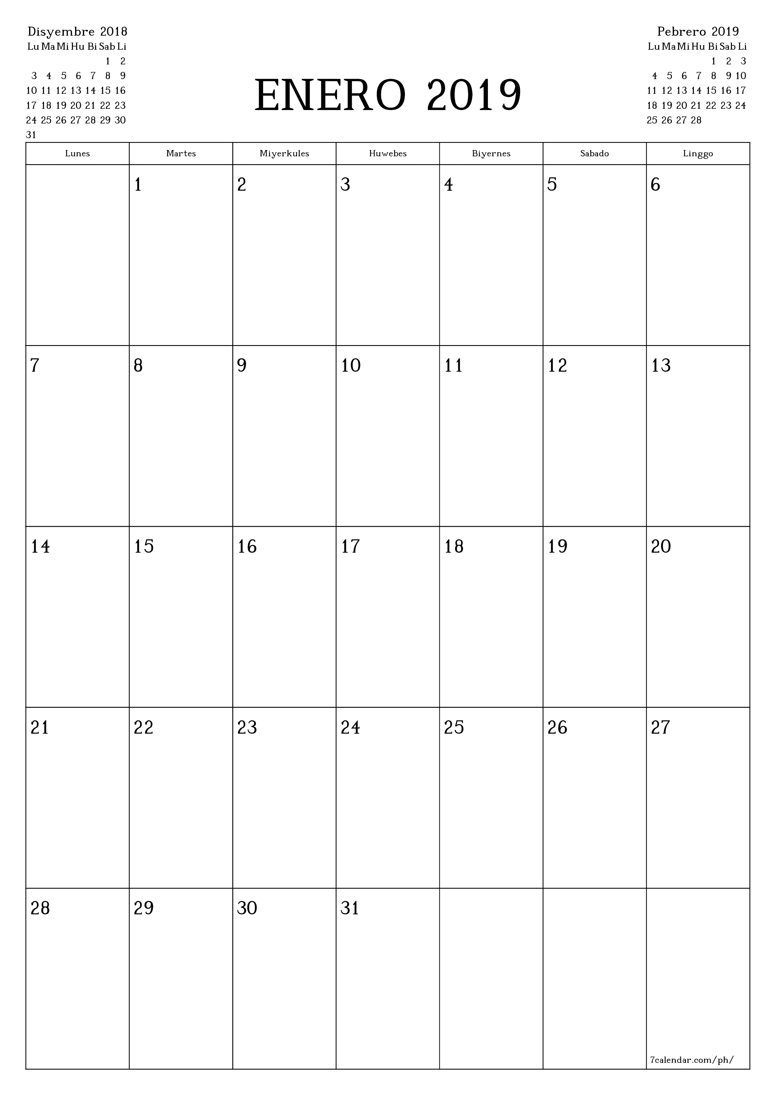 Walang laman na buwanang tagaplano para sa buwan na Enero 2019 na may mga tala, i-save at i-print sa PDF PNG Filipino