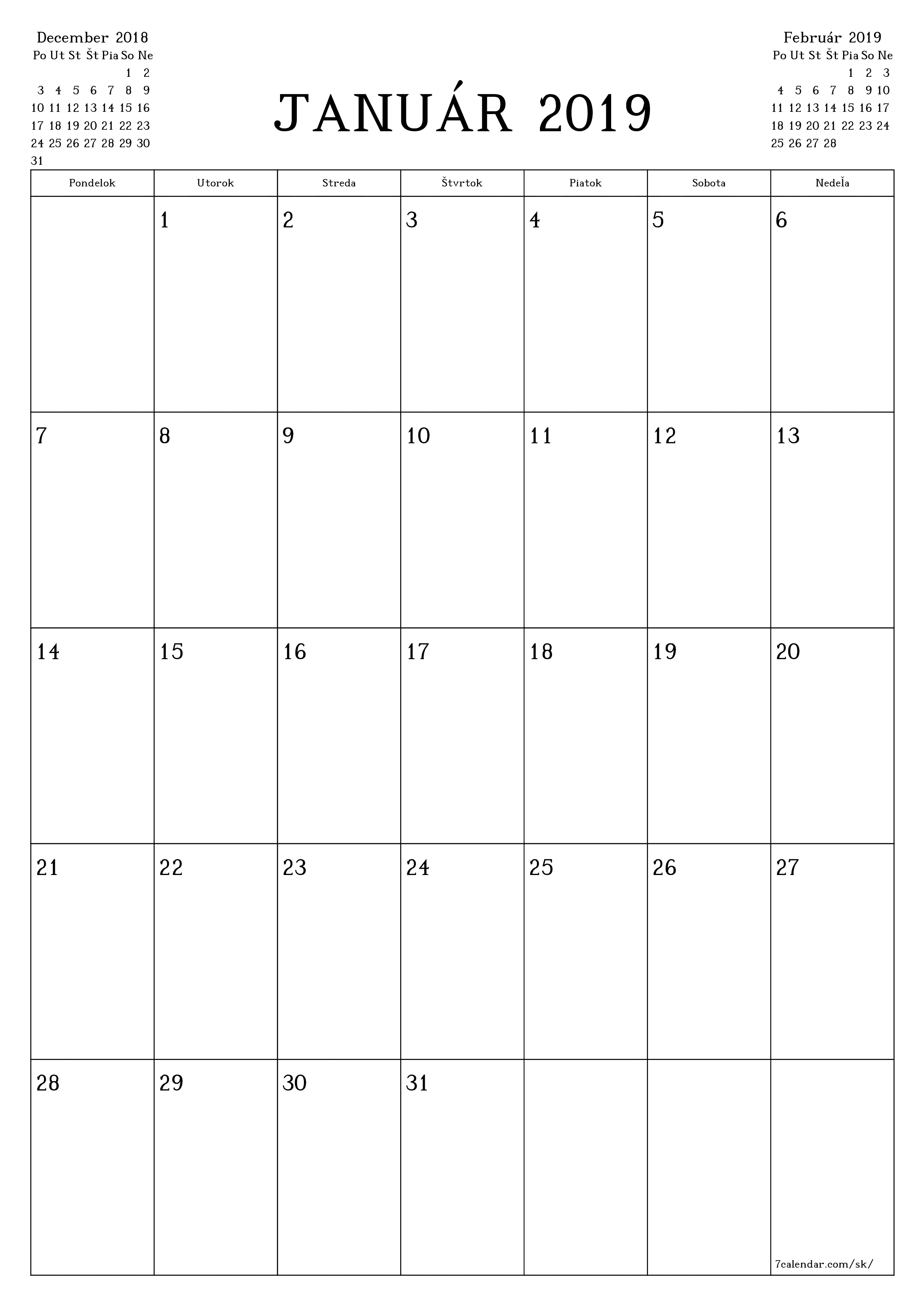 vytlačiteľný nástenný šablóna a bezplatný вертикальный Mesačne plánovač kalendár Január (Jan) 2019