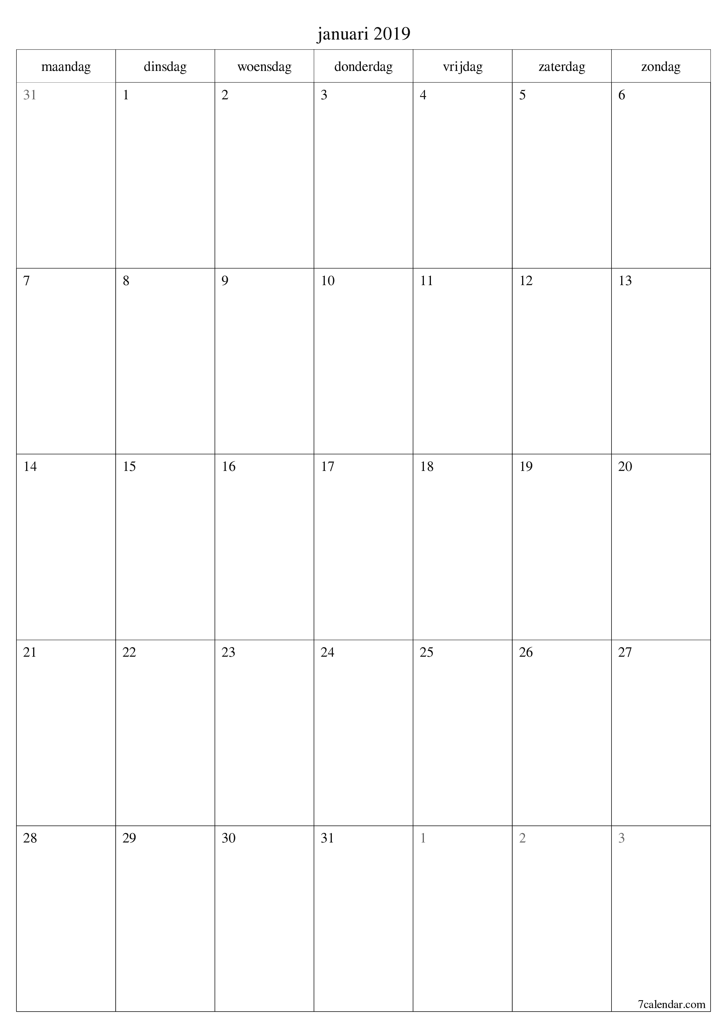 Lege maandplanner voor maand januari 2019 met notities, opslaan en afdrukken naar pdf PNG Dutch