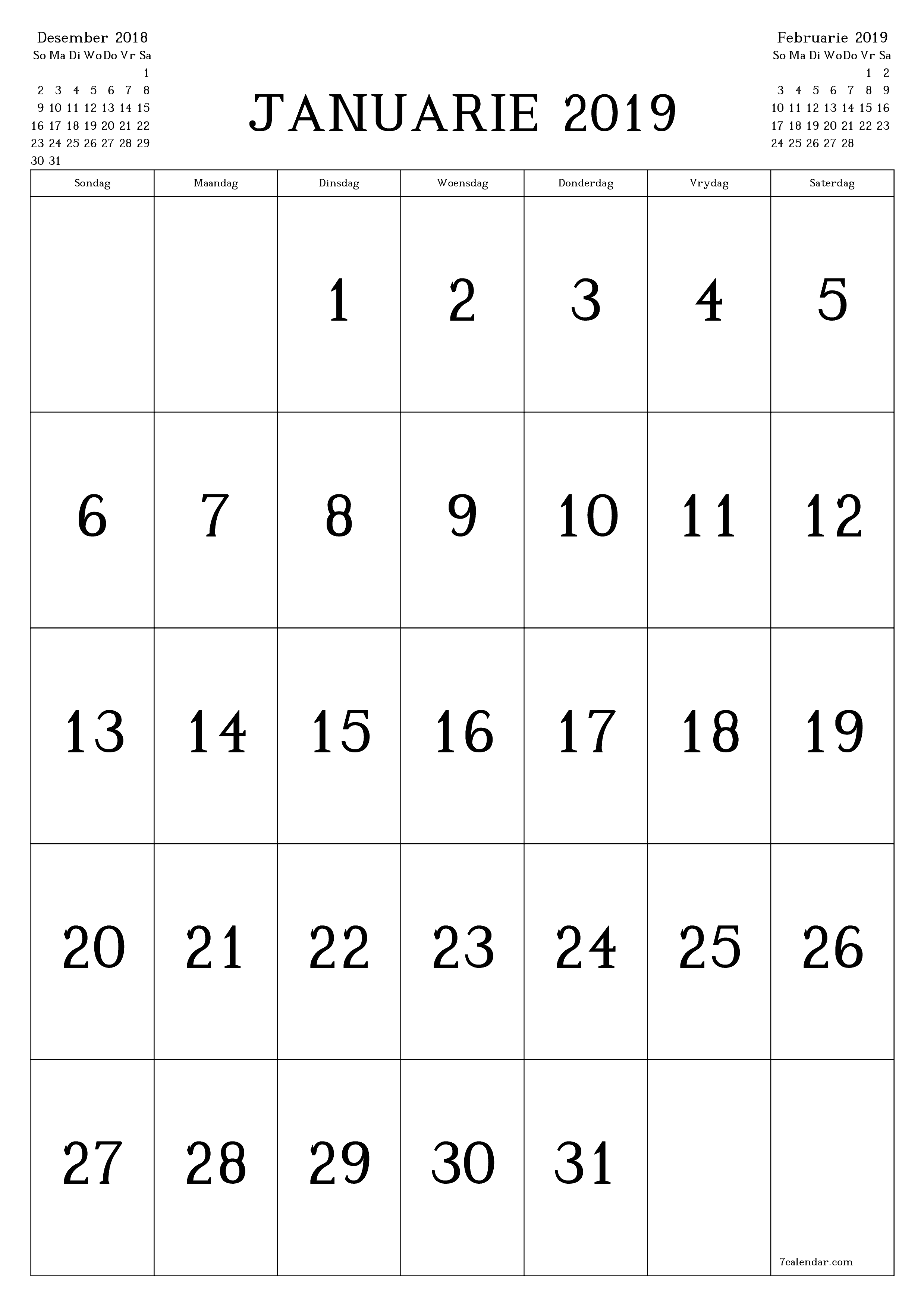 Leë maandelikse drukbare kalender en beplanner vir maand Januarie 2019 met notas stoor en druk na PDF PNG Afrikaans