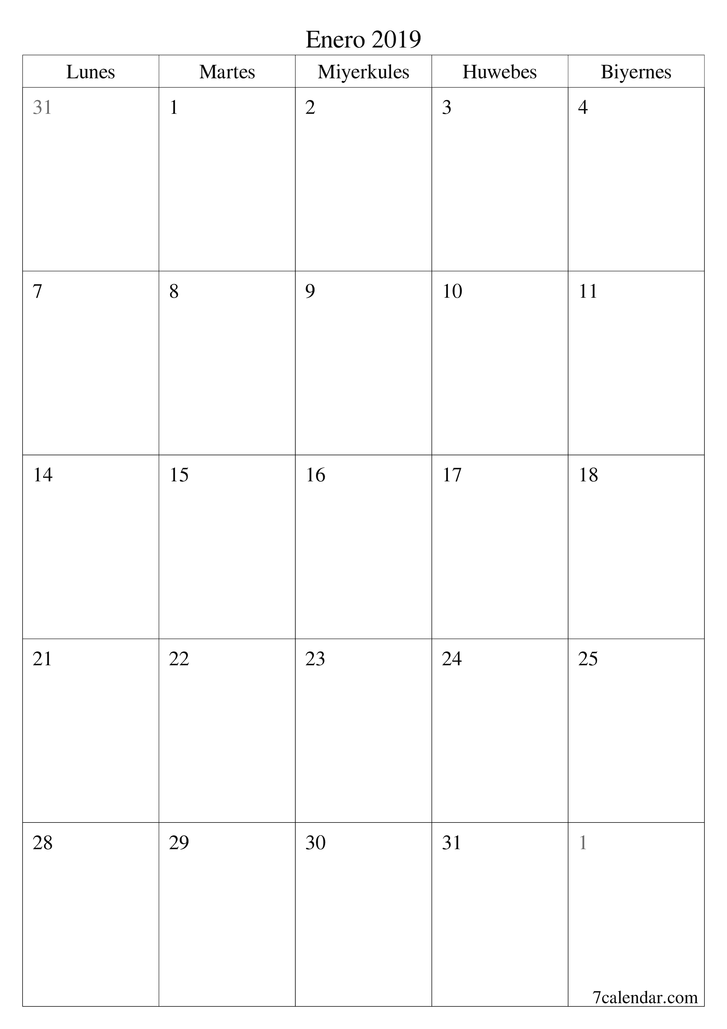 Walang laman na buwanang tagaplano para sa buwan na Enero 2019 na may mga tala, i-save at i-print sa PDF PNG Filipino