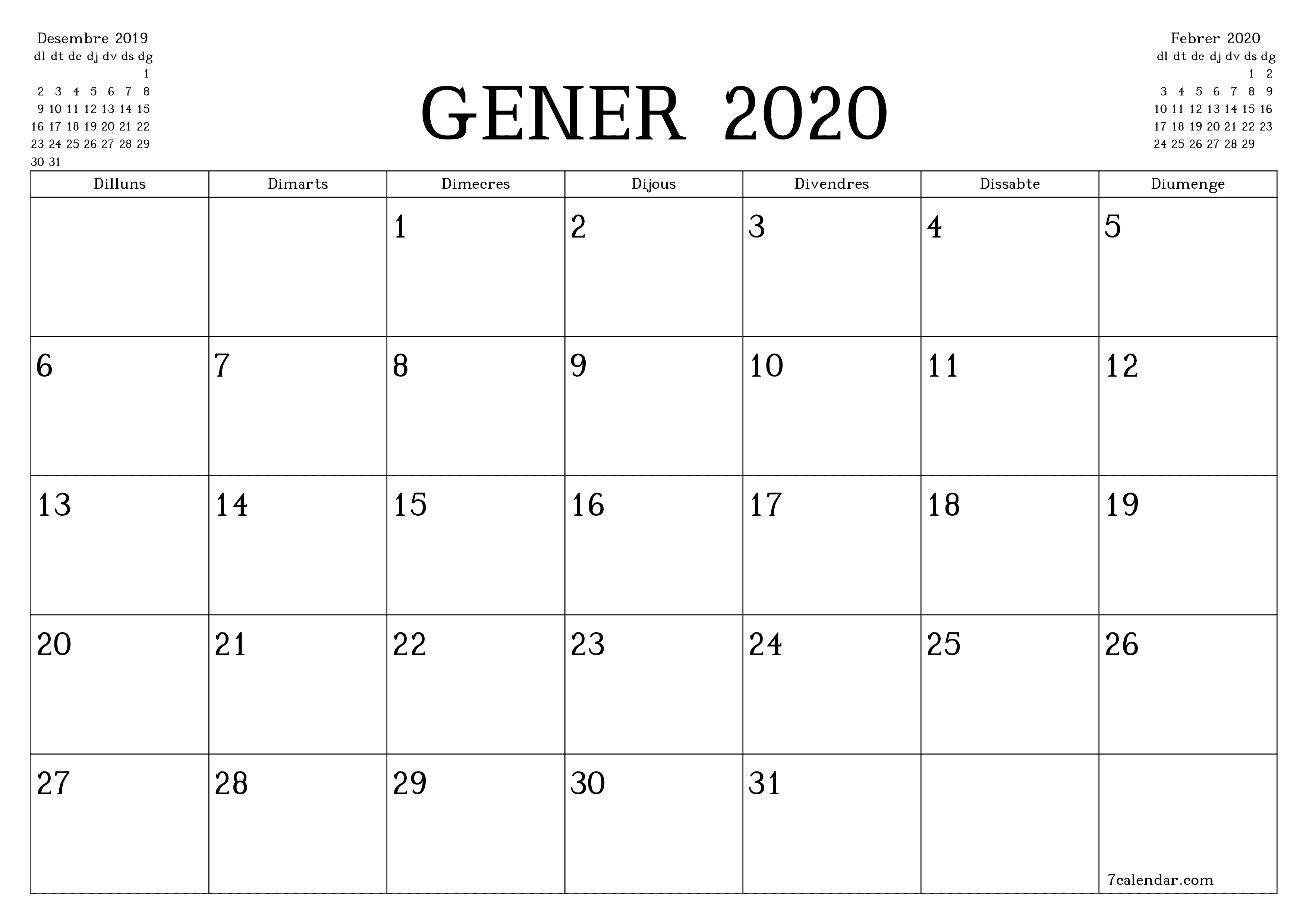 Planificador mensual buit del mes Gener 2020 amb notes, deseu-lo i imprimiu-lo en format PDF PNG Catalan