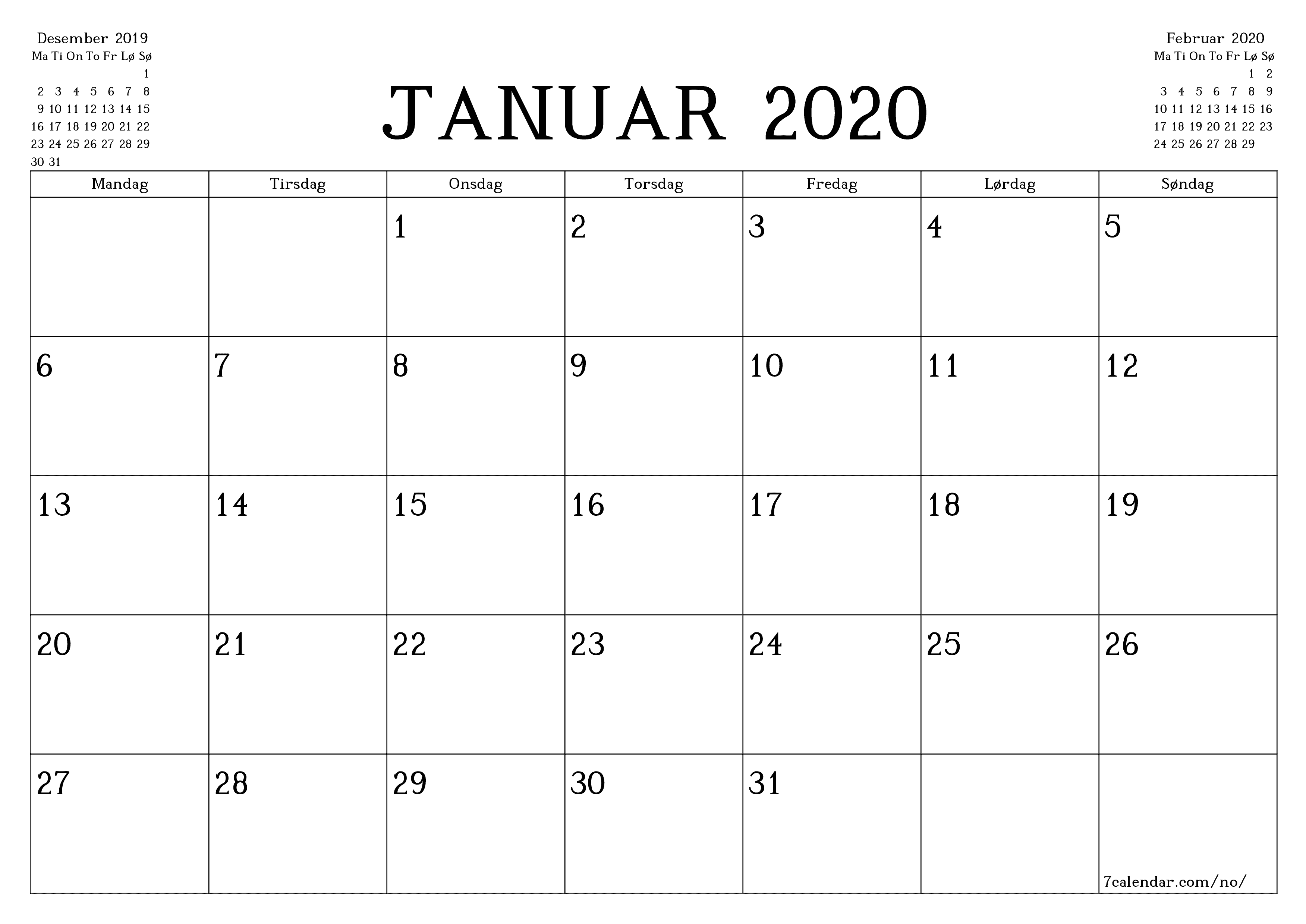 Tom månedlig planlegger for måned Januar 2020 med notater, lagre og skriv ut til PDF PNG Norwegian