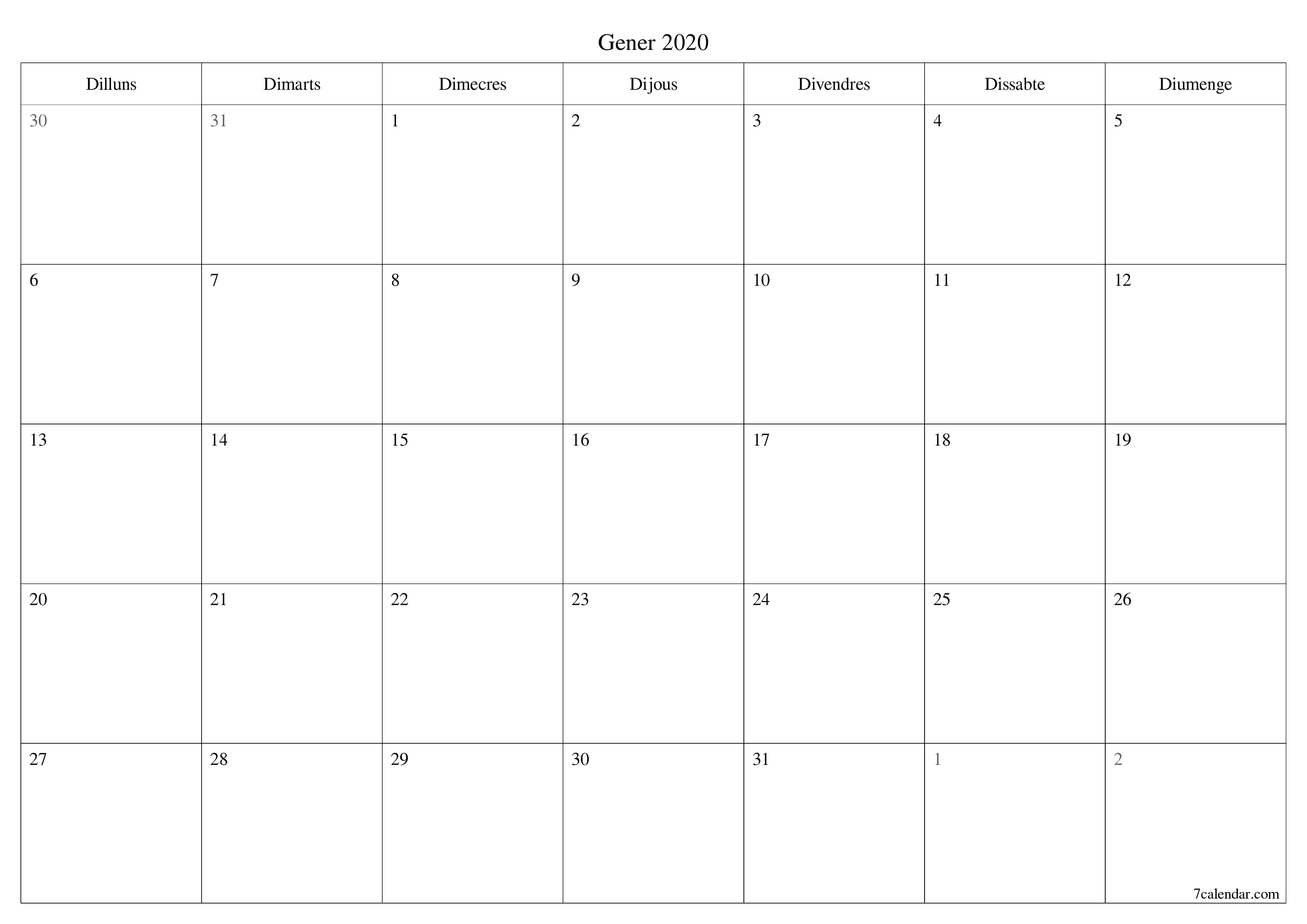 Planificador mensual buit del mes Gener 2020 amb notes, deseu-lo i imprimiu-lo en format PDF PNG Catalan