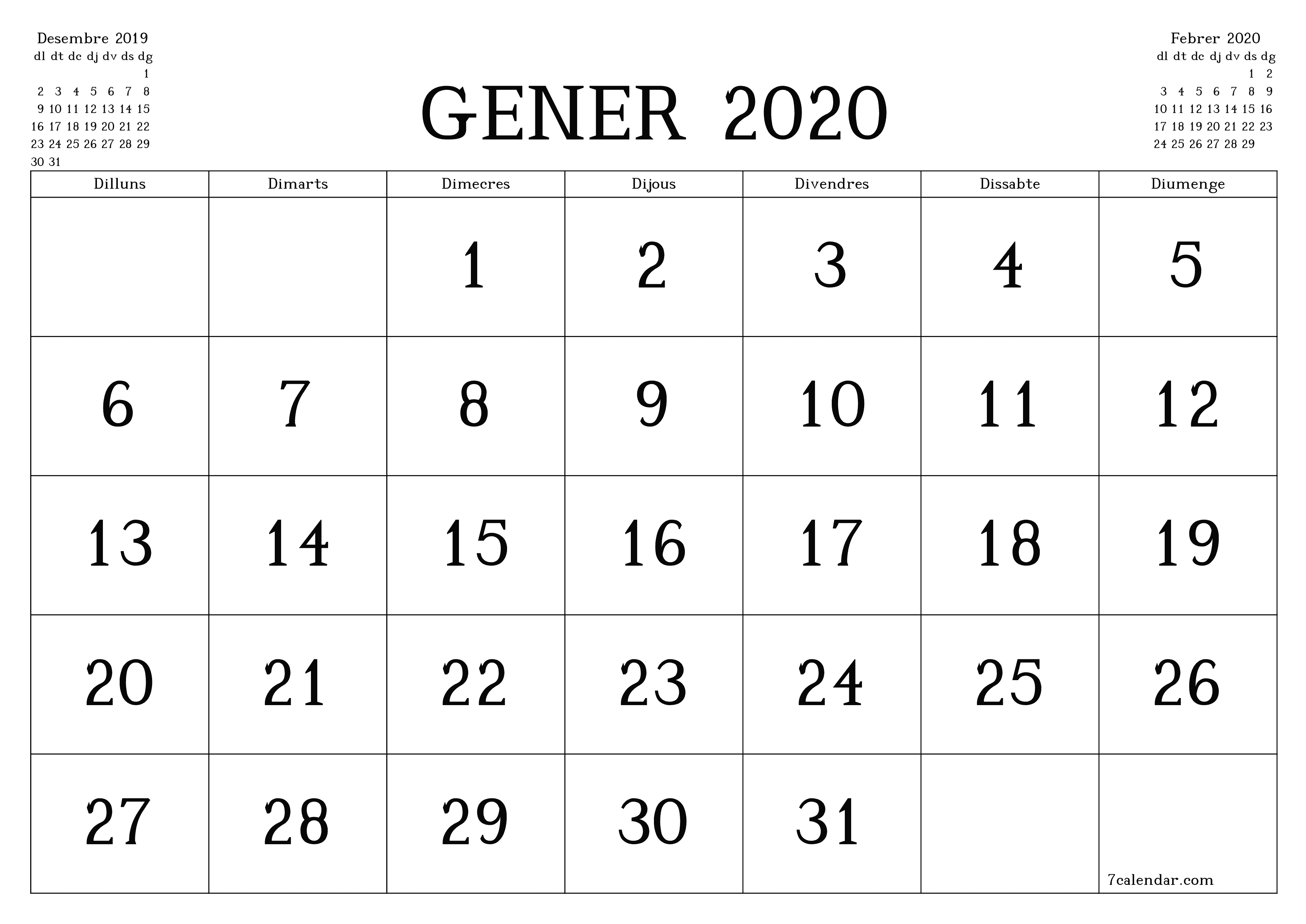  imprimible de paret plantilla de gratuïthoritzontal Mensual calendari Gener (Gen) 2020