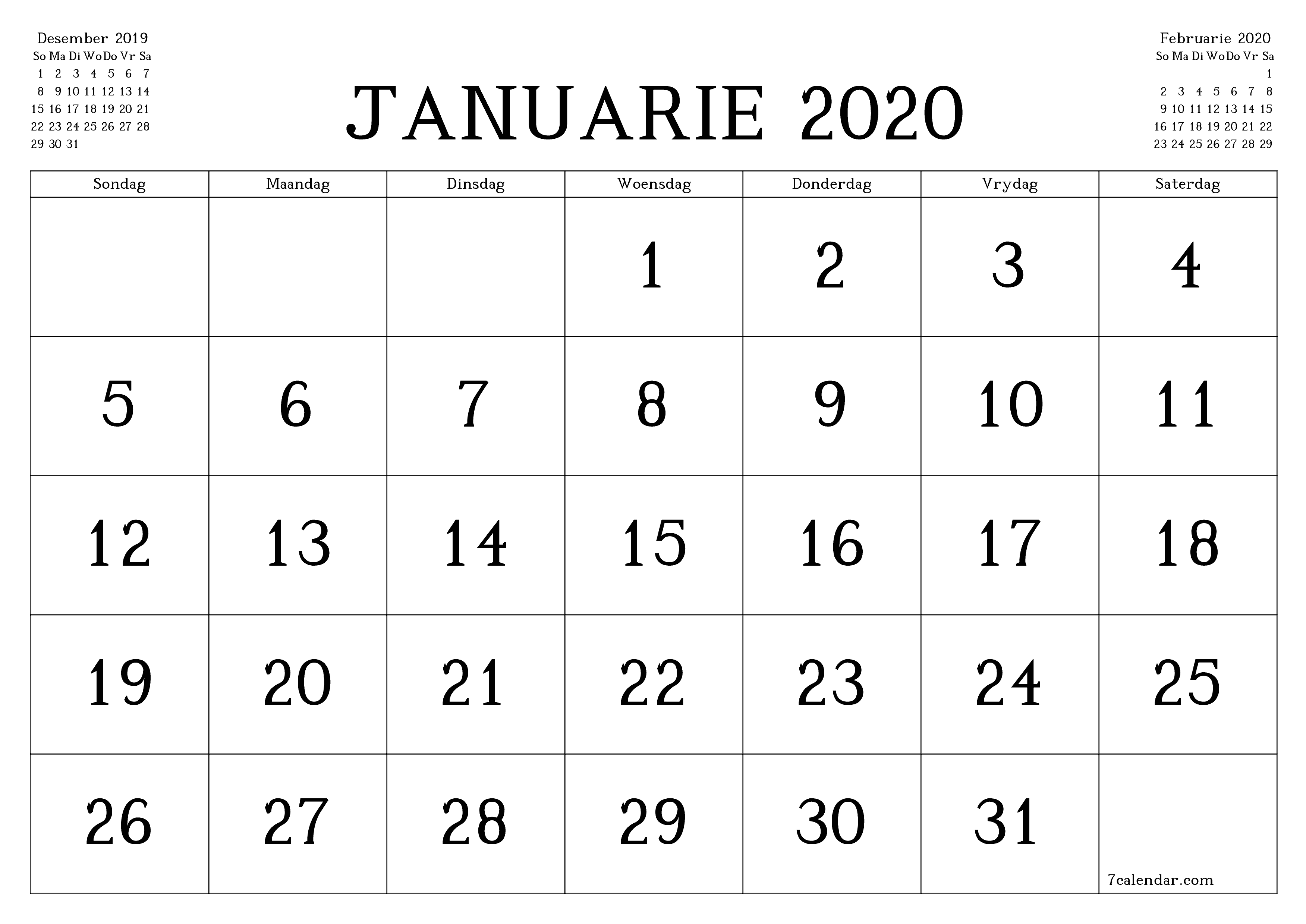 Leë maandelikse drukbare kalender en beplanner vir maand Januarie 2020 met notas stoor en druk na PDF PNG Afrikaans