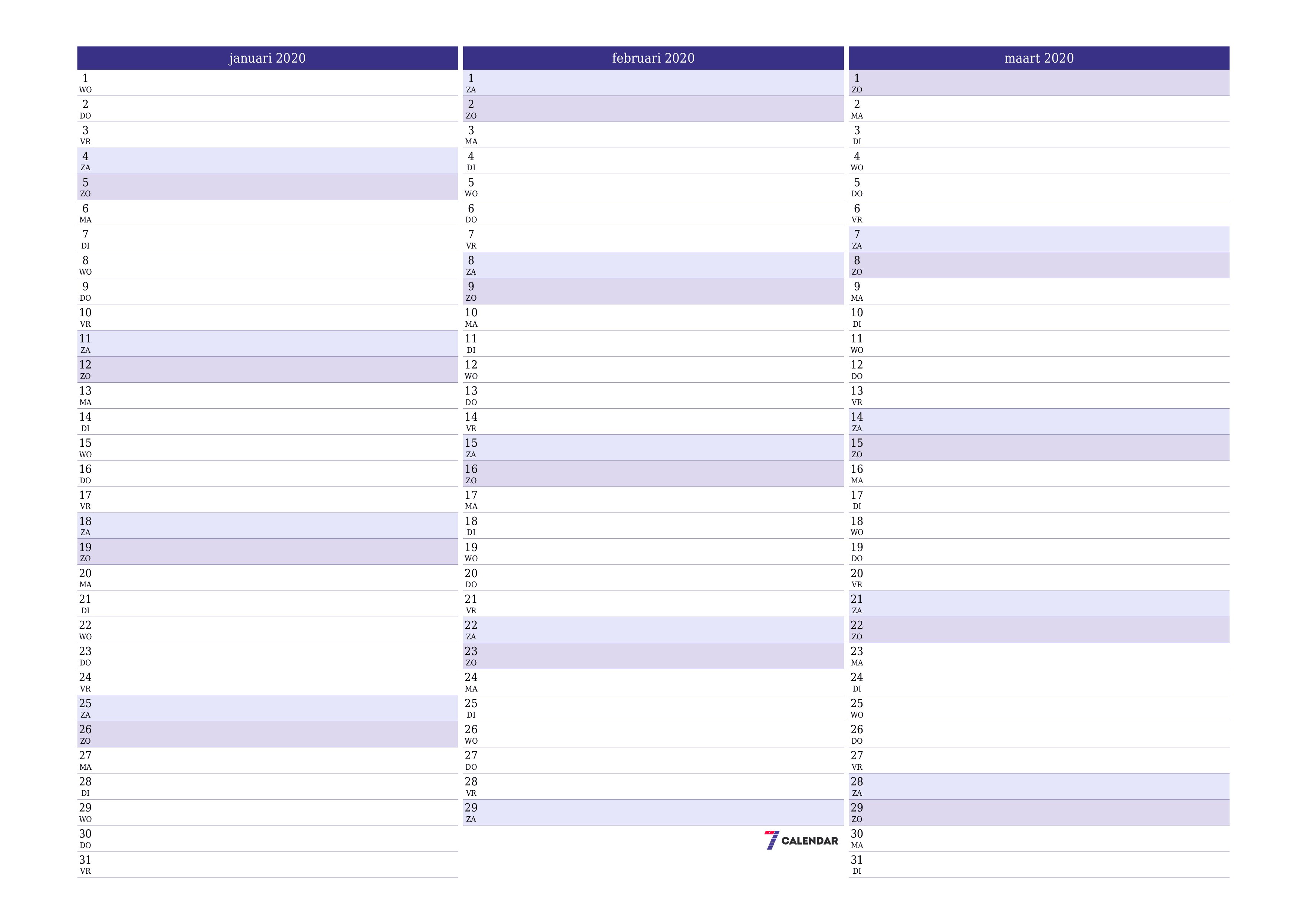 afdrukbare muur sjabloon gratis horizontaal Maandelijks planner kalender januari (jan) 2020