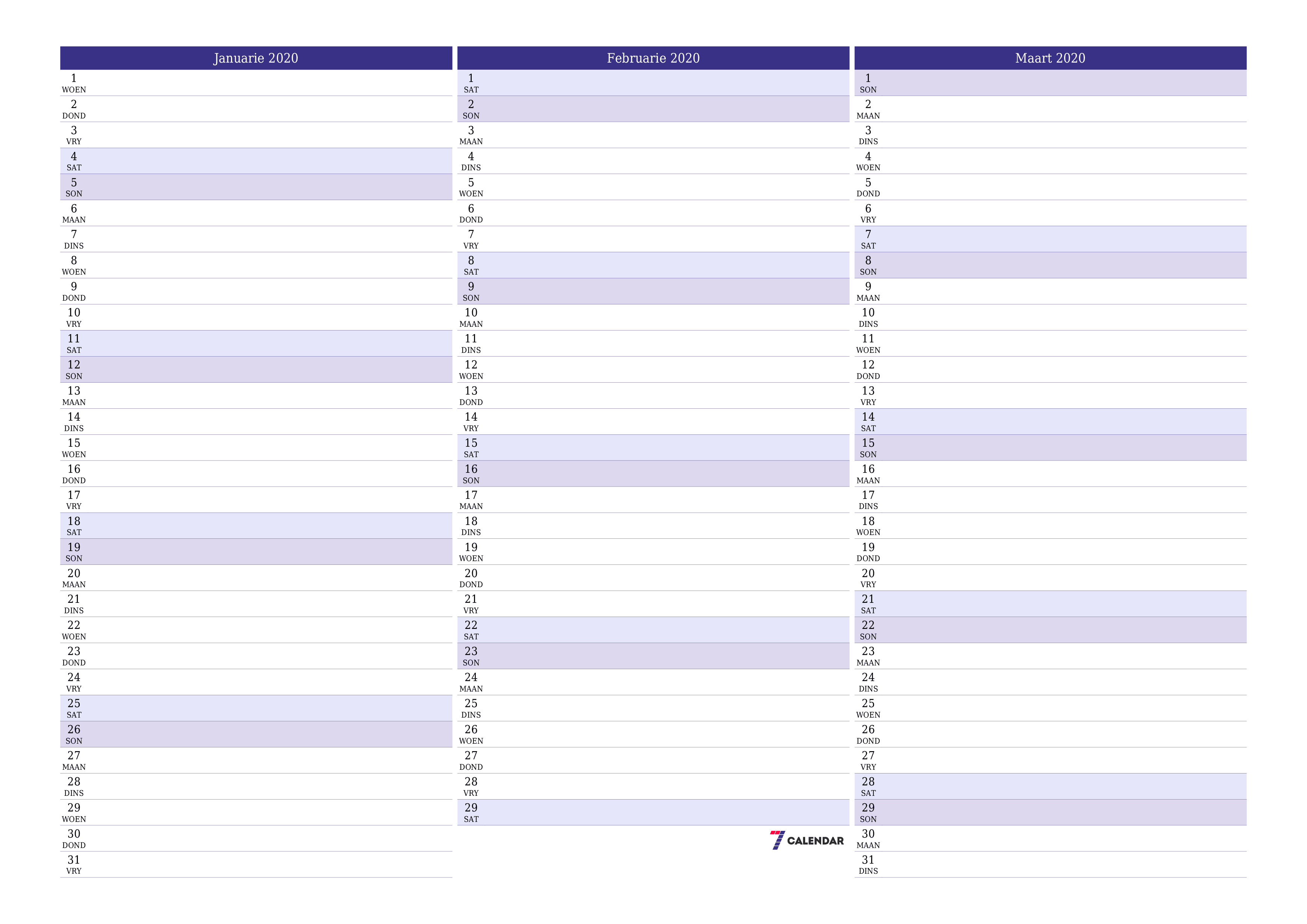 Leë maandelikse drukbare kalender en beplanner vir maand Januarie 2020 met notas stoor en druk na PDF PNG Afrikaans