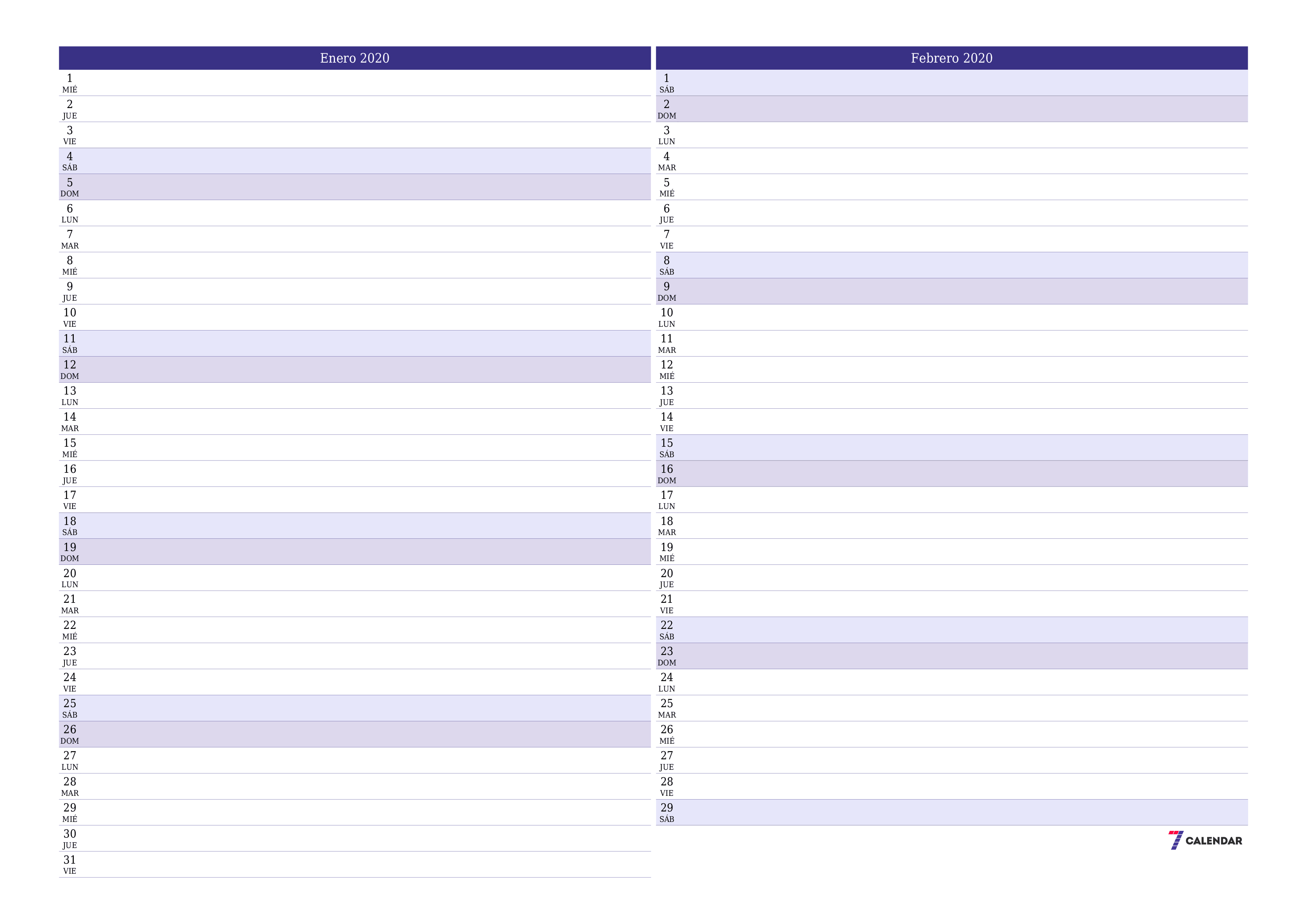 Planificador mensual vacío para el mes Enero 2020 con notas, guardar e imprimir en PDF PNG Spanish