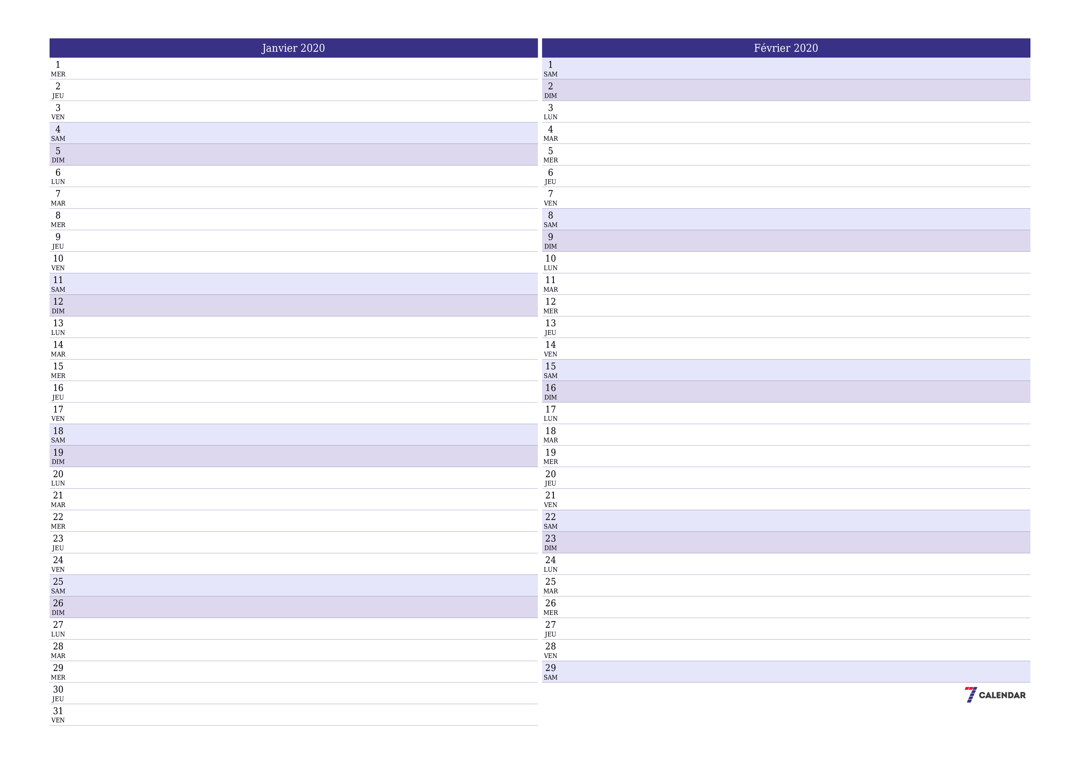 Agenda mensuel vide pour le mois Janvier 2020 avec notes, enregistrez et imprimez au format PDF PNG French