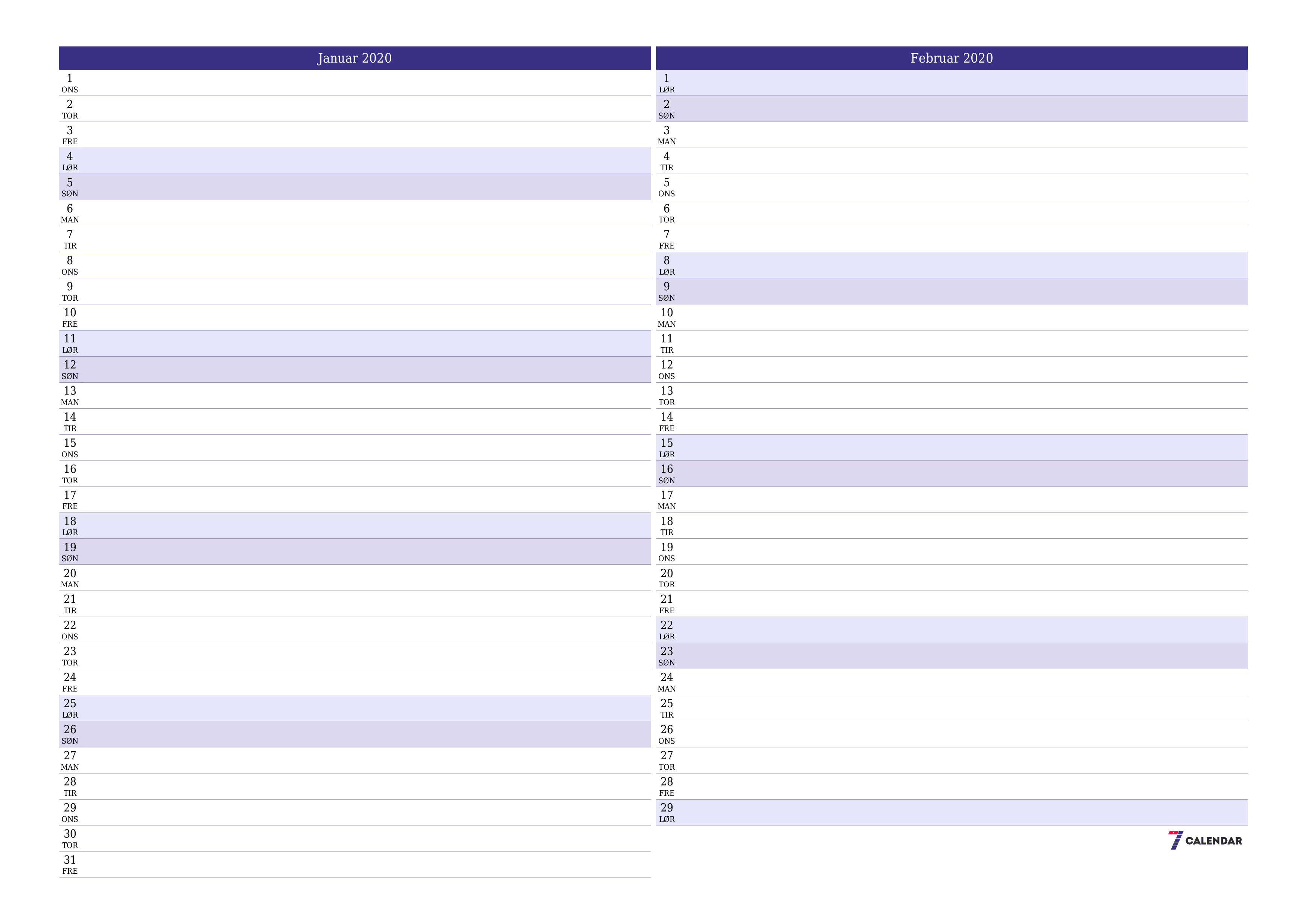 Tom månedlig planlegger for måned Januar 2020 med notater, lagre og skriv ut til PDF PNG Norwegian