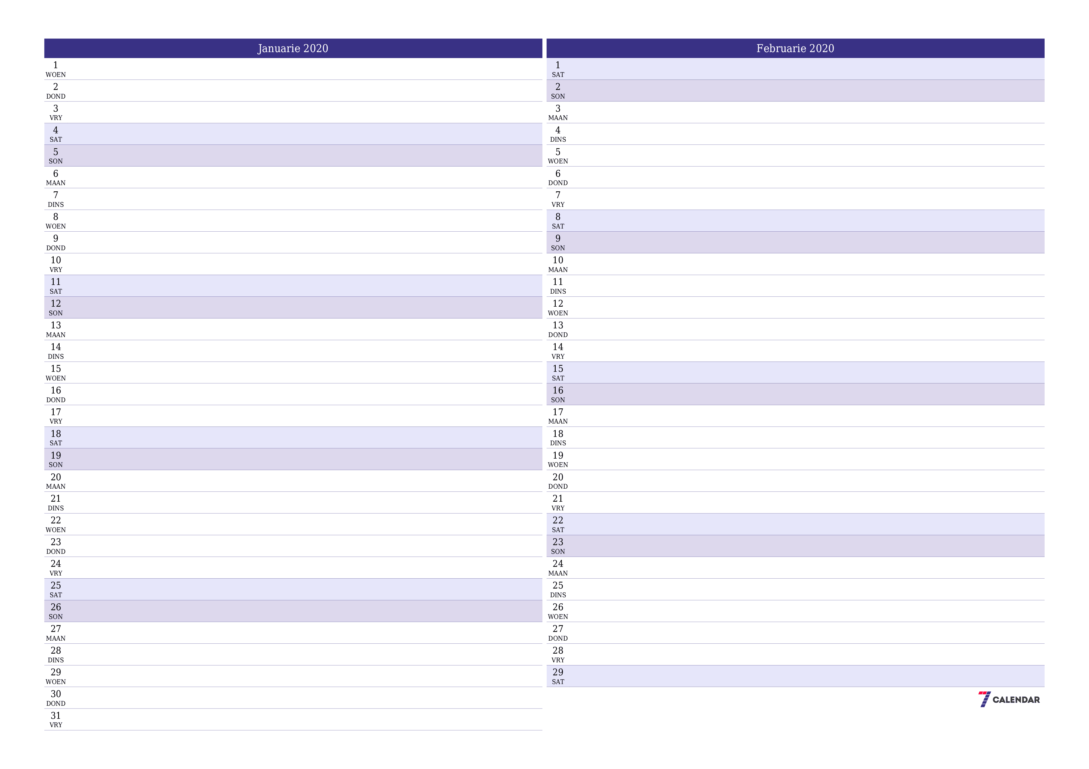 Leë maandelikse drukbare kalender en beplanner vir maand Januarie 2020 met notas stoor en druk na PDF PNG Afrikaans