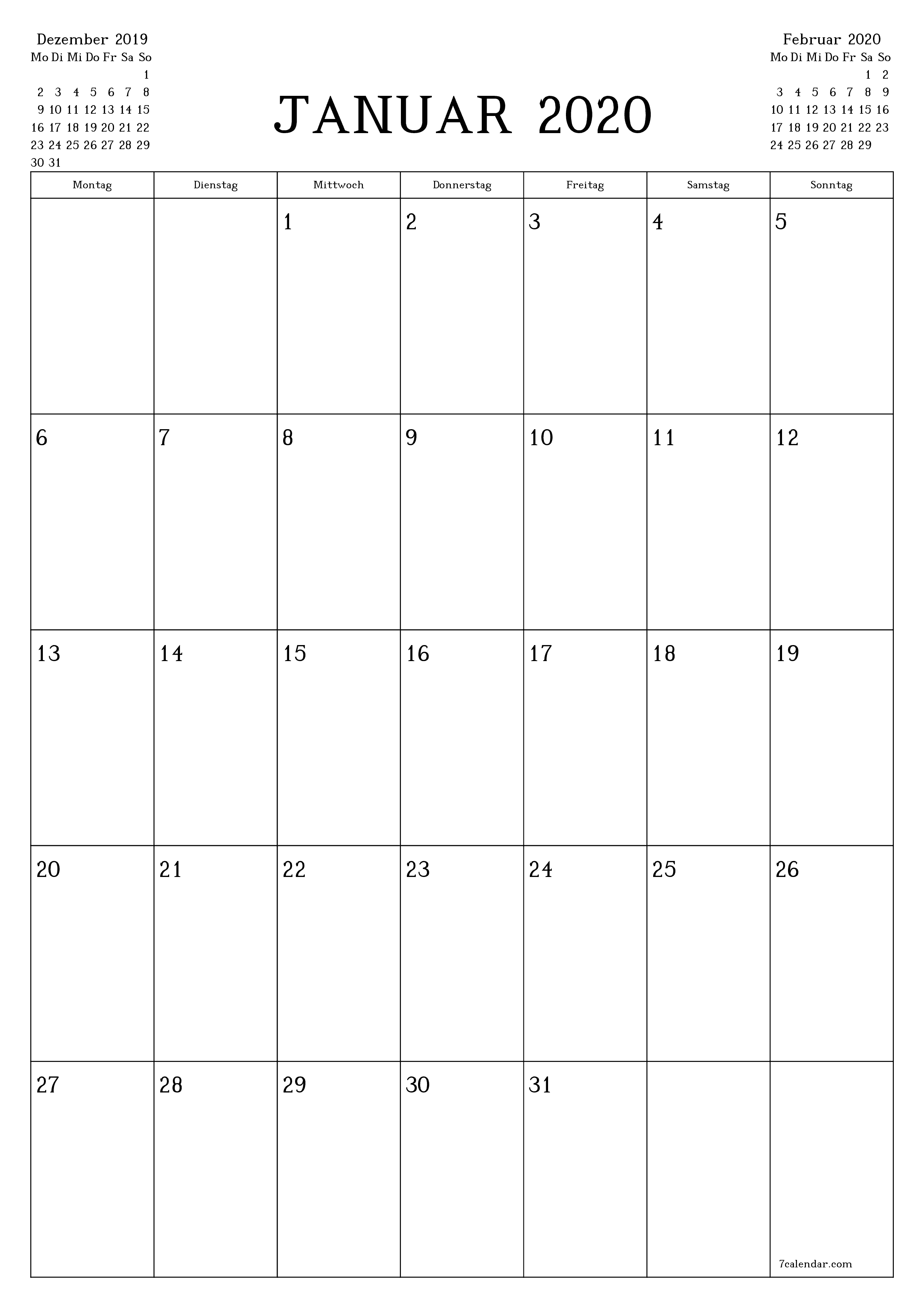 Monatsplaner für Monat Januar 2020 mit Notizen leeren, speichern und als PDF PNG German - 7calendar.com drucken