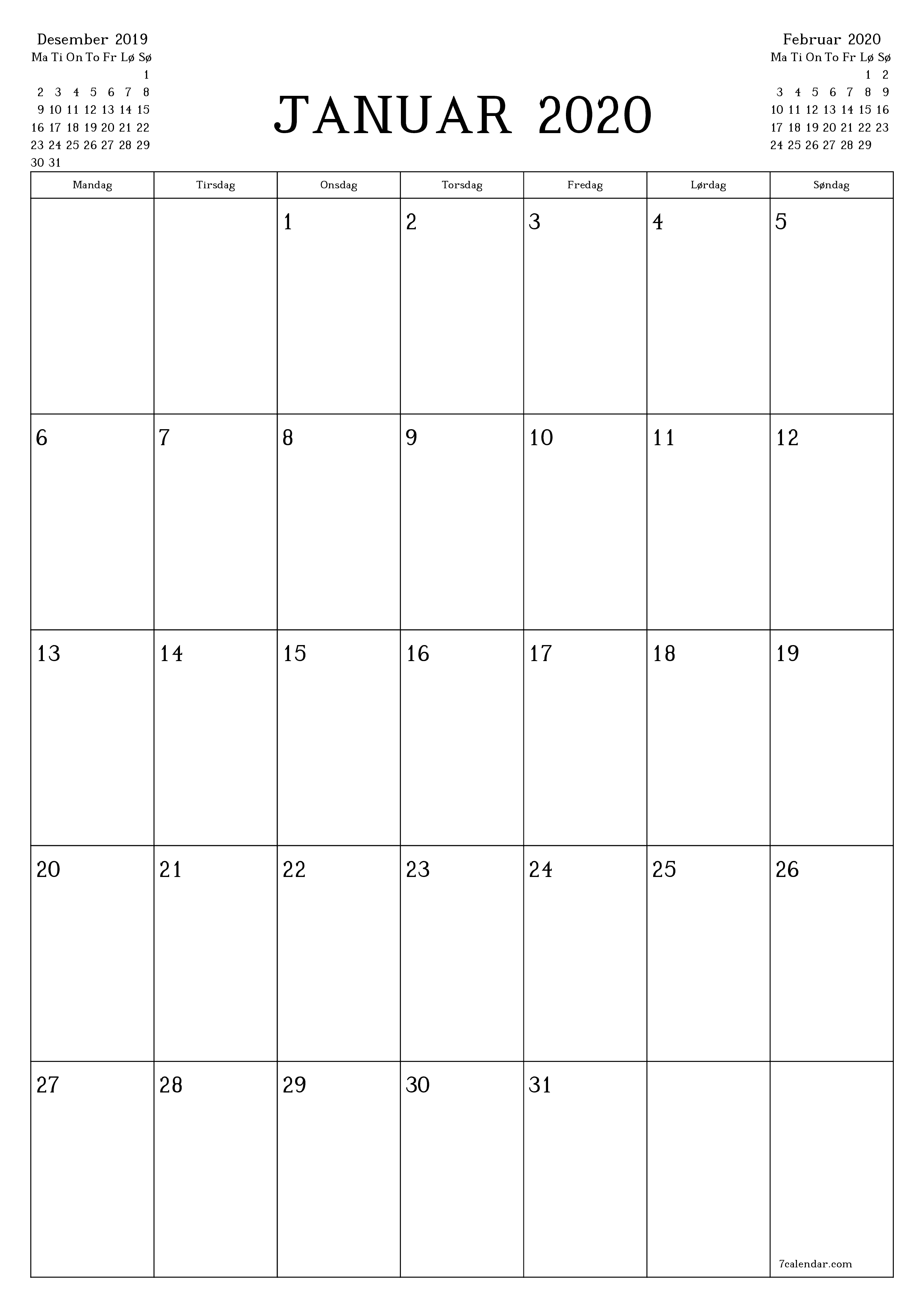 utskrivbar vegg mal gratis vertikal Månedlig planlegger kalender Januar (Jan) 2020