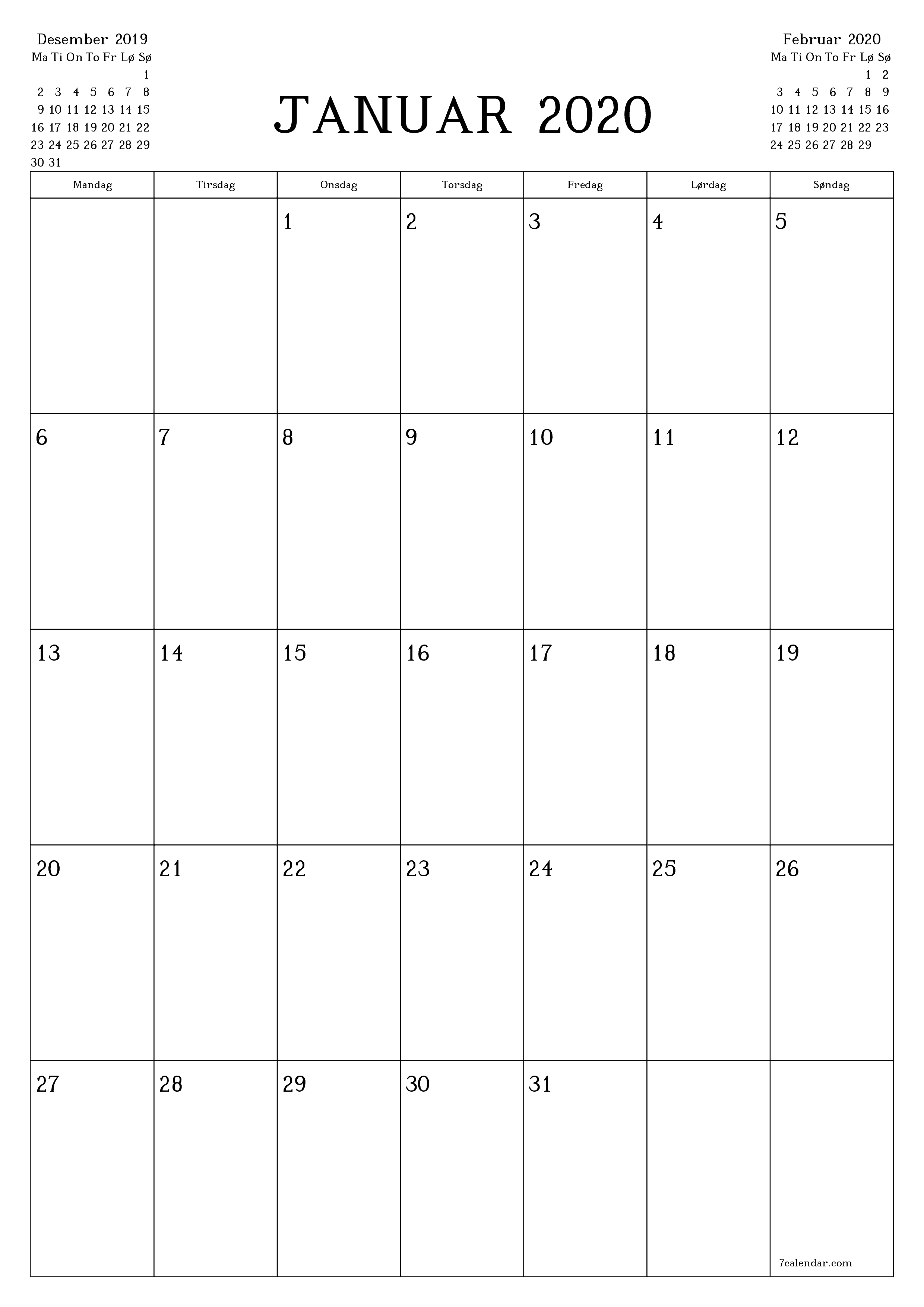 Tom månedlig planlegger for måned Januar 2020 med notater, lagre og skriv ut til PDF PNG Norwegian