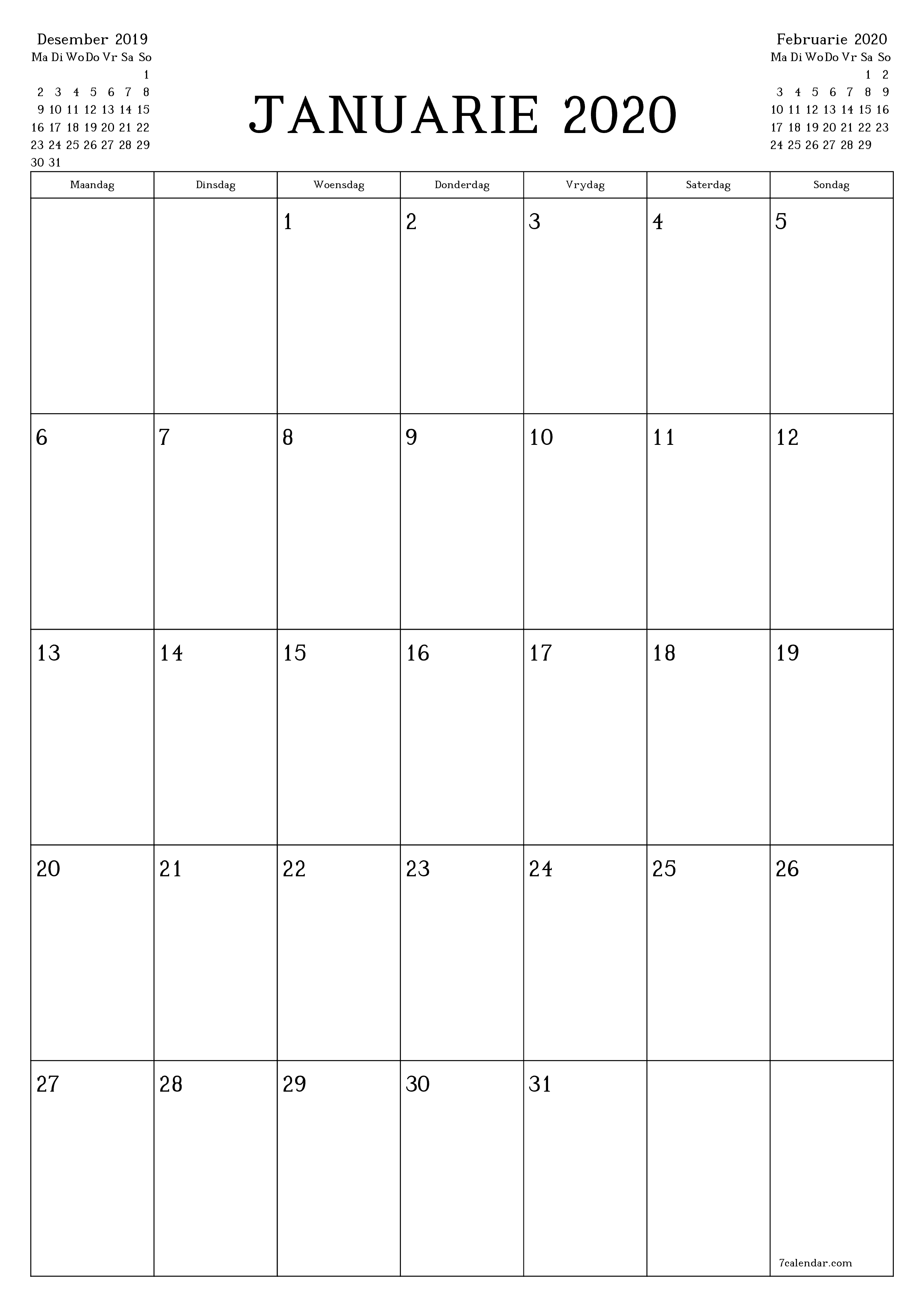 Leë maandelikse drukbare kalender en beplanner vir maand Januarie 2020 met notas stoor en druk na PDF PNG Afrikaans