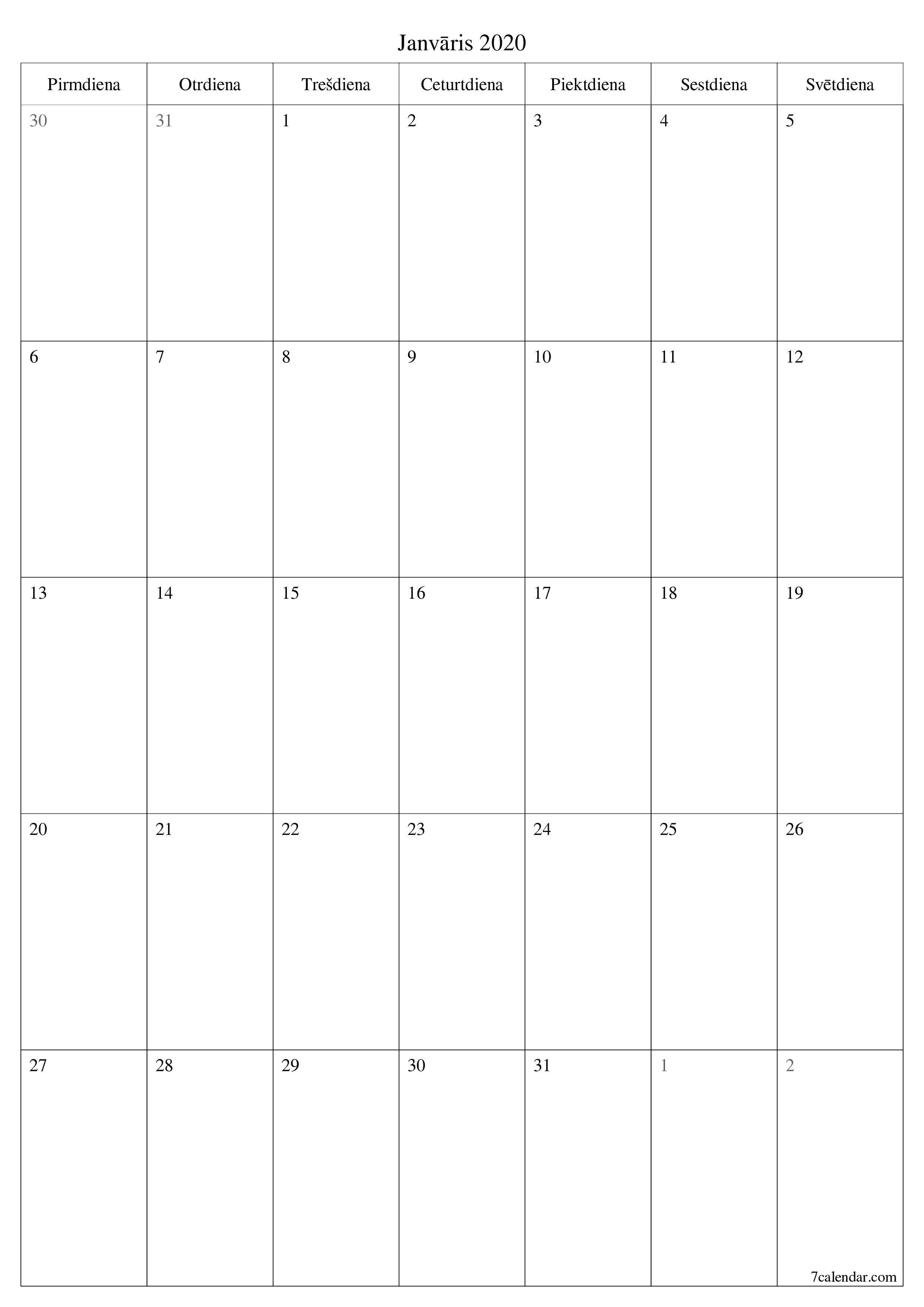 izdrukājams sienas kalendāra veidne bezmaksas vertikāli Mēneša plānotājs kalendārs Janvāris (Jan) 2020