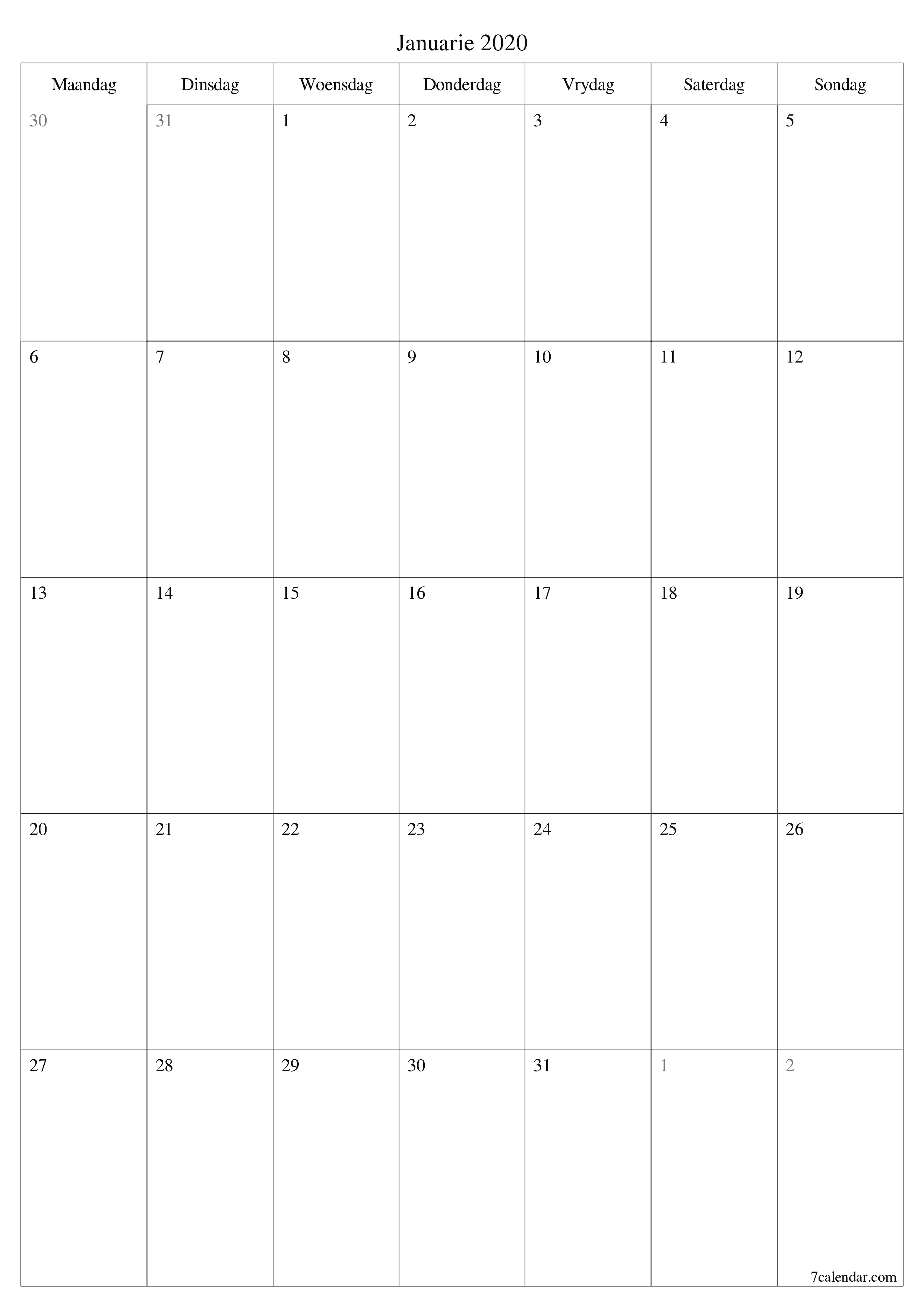 Leë maandelikse drukbare kalender en beplanner vir maand Januarie 2020 met notas stoor en druk na PDF PNG Afrikaans