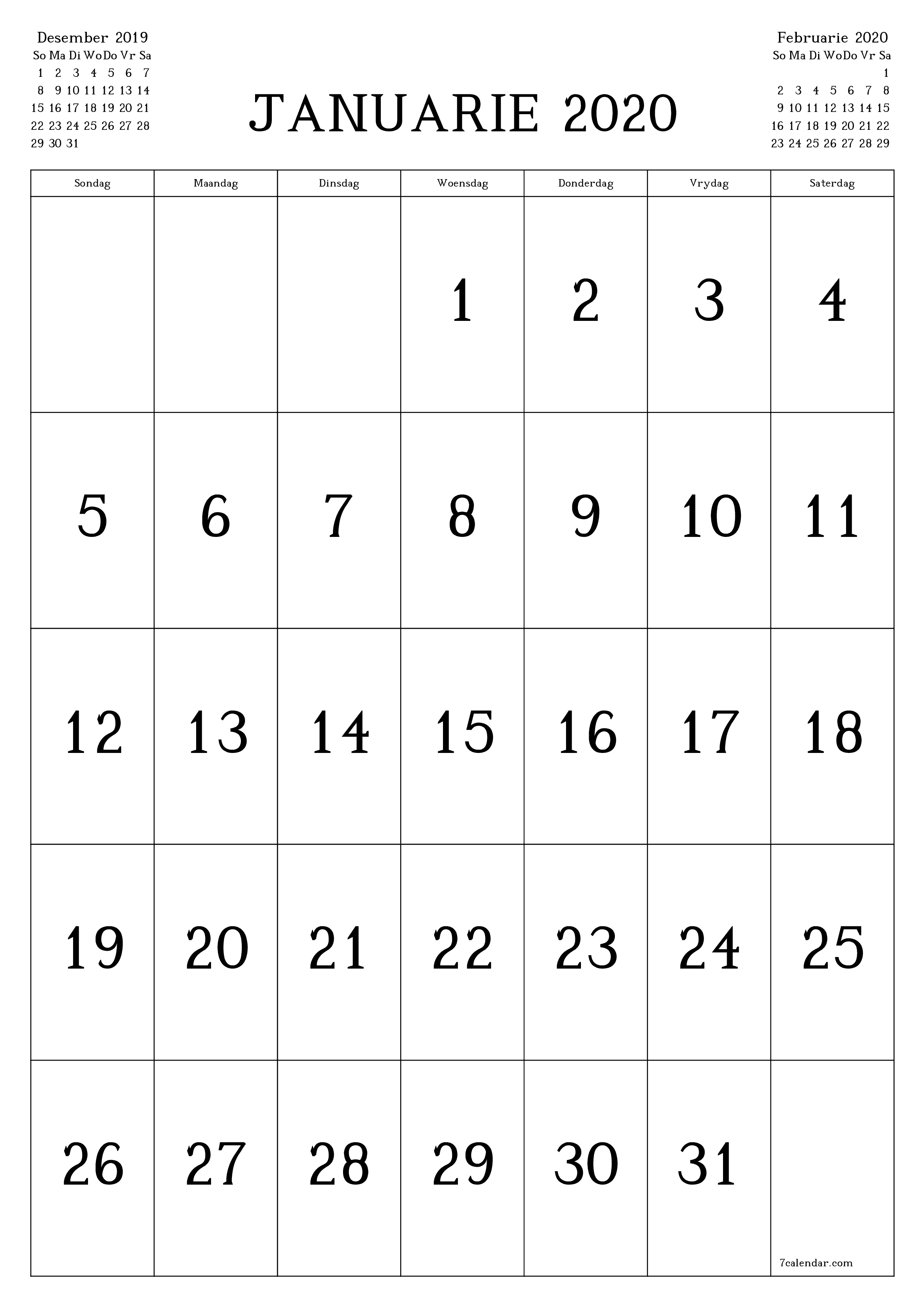 Leë maandelikse drukbare kalender en beplanner vir maand Januarie 2020 met notas stoor en druk na PDF PNG Afrikaans