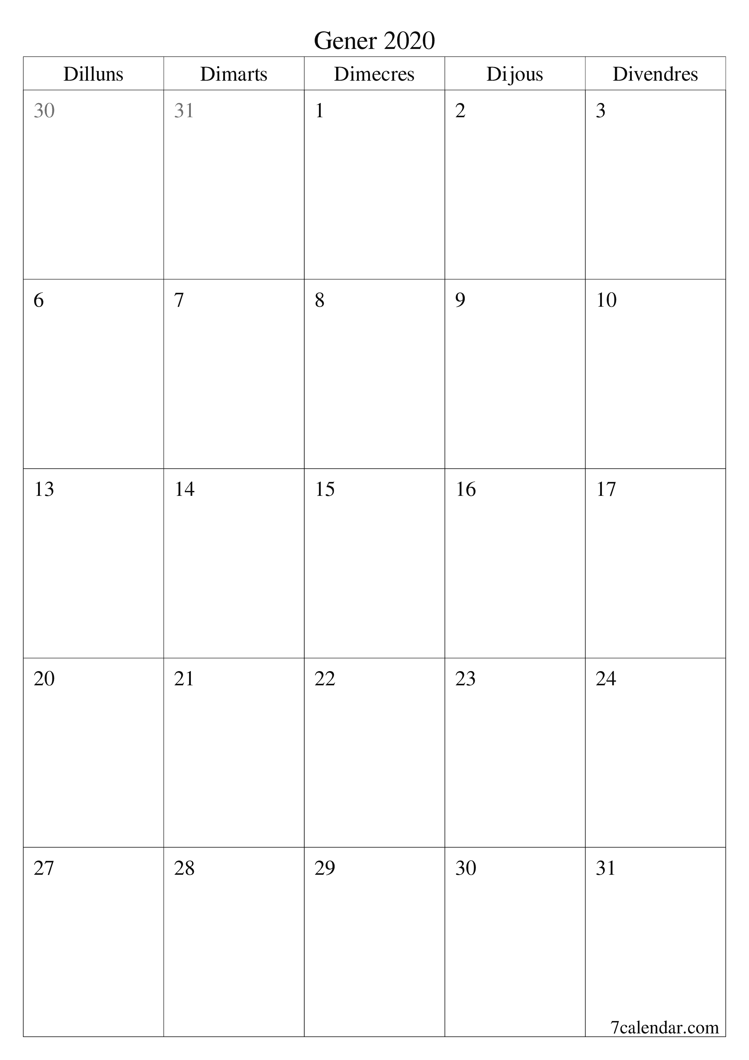  imprimible de paret plantilla de gratuïtvertical Mensual planificador calendari Gener (Gen) 2020