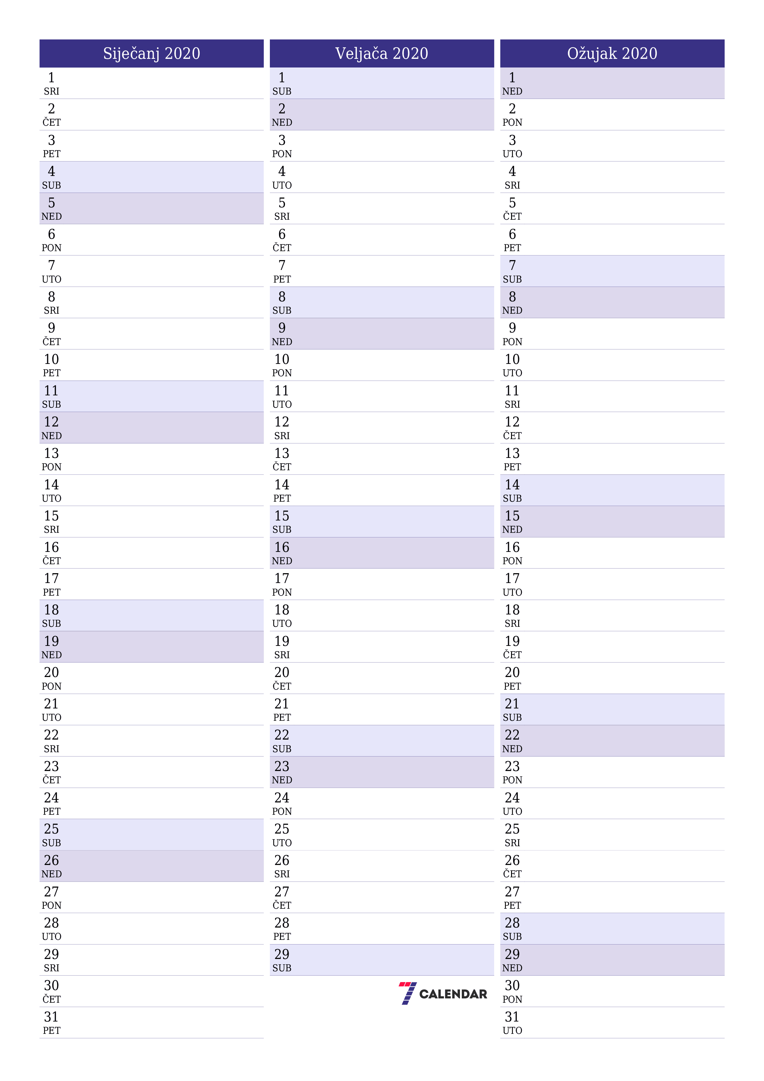  za ispis zidni predložak a besplatni okomito Mjesečni planer kalendar Siječanj (Sij) 2020