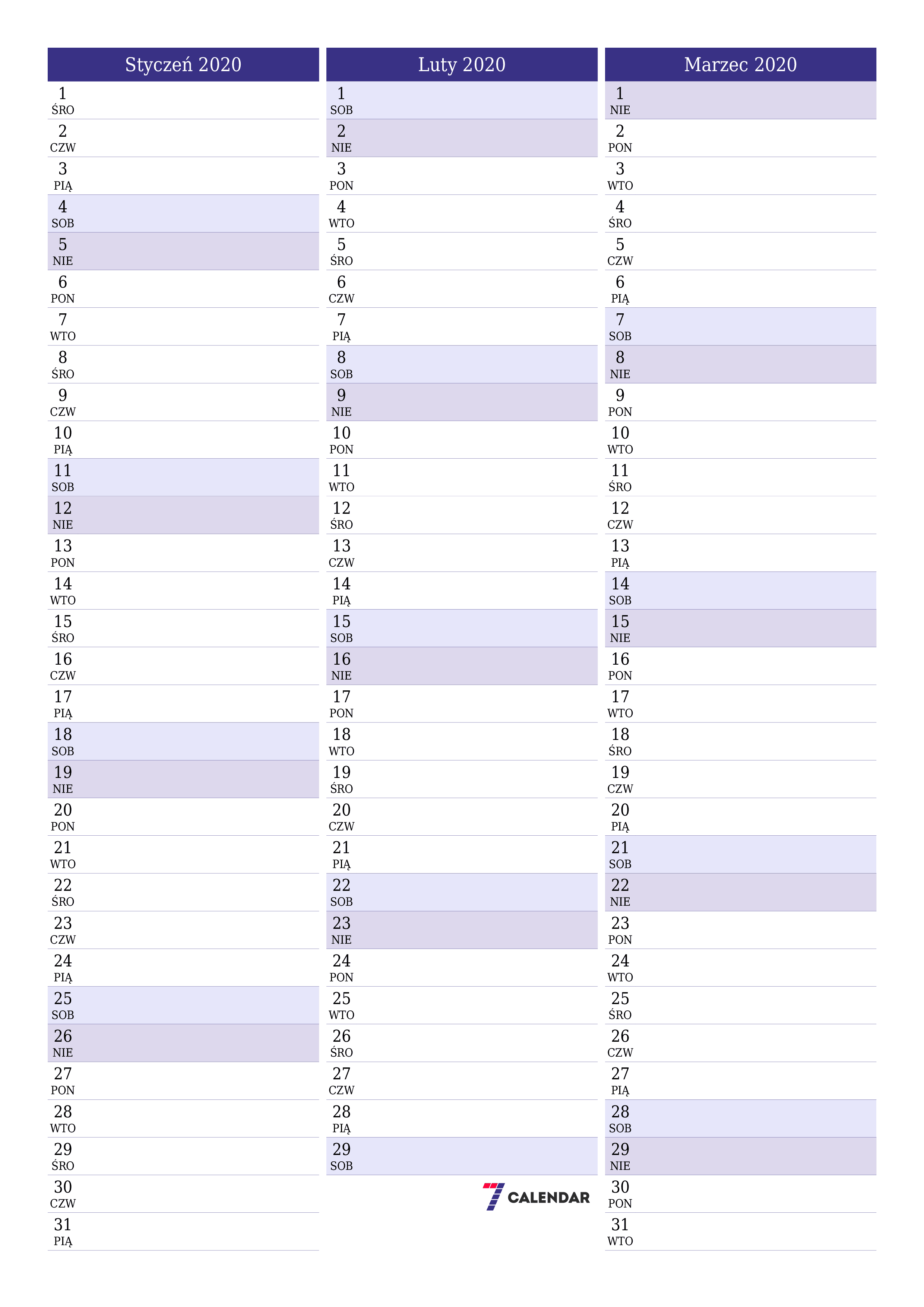 Opróżnij miesięczny planer na miesiąc Styczeń 2020 z notatkami, zapisz i wydrukuj w formacie PDF PNG Polish