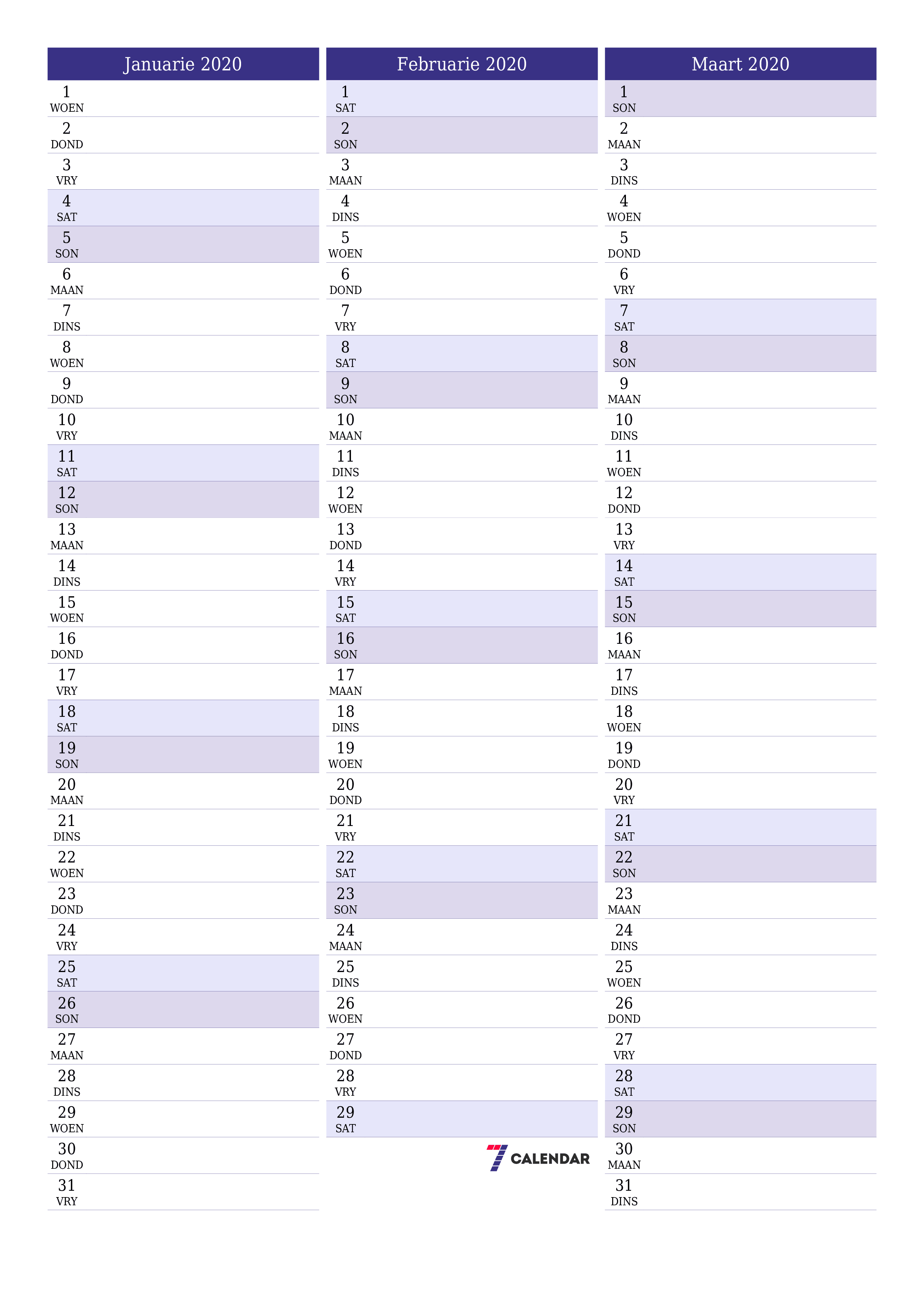 Leë maandelikse drukbare kalender en beplanner vir maand Januarie 2020 met notas stoor en druk na PDF PNG Afrikaans