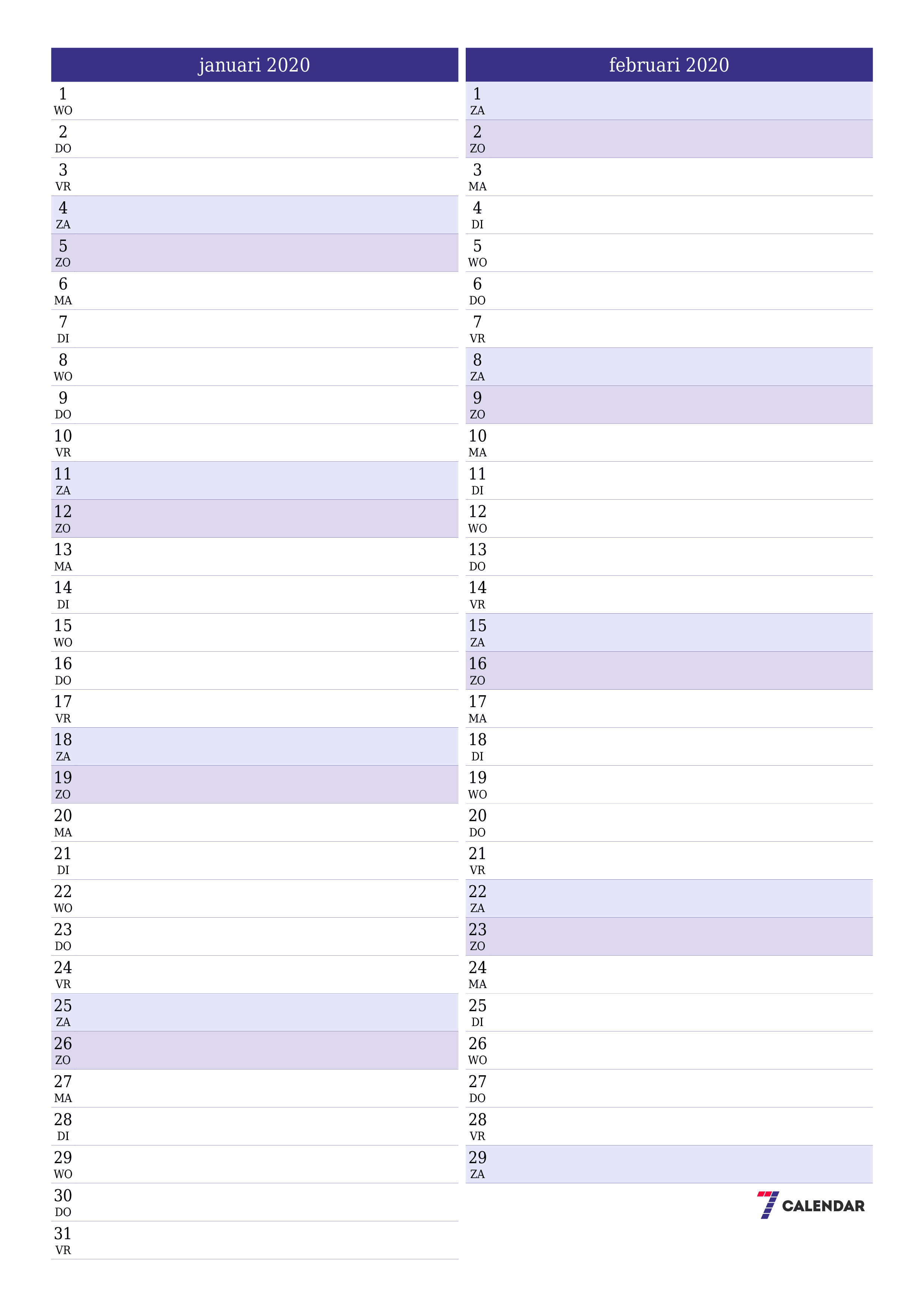 Lege maandplanner voor maand januari 2020 met notities, opslaan en afdrukken naar pdf PNG Dutch