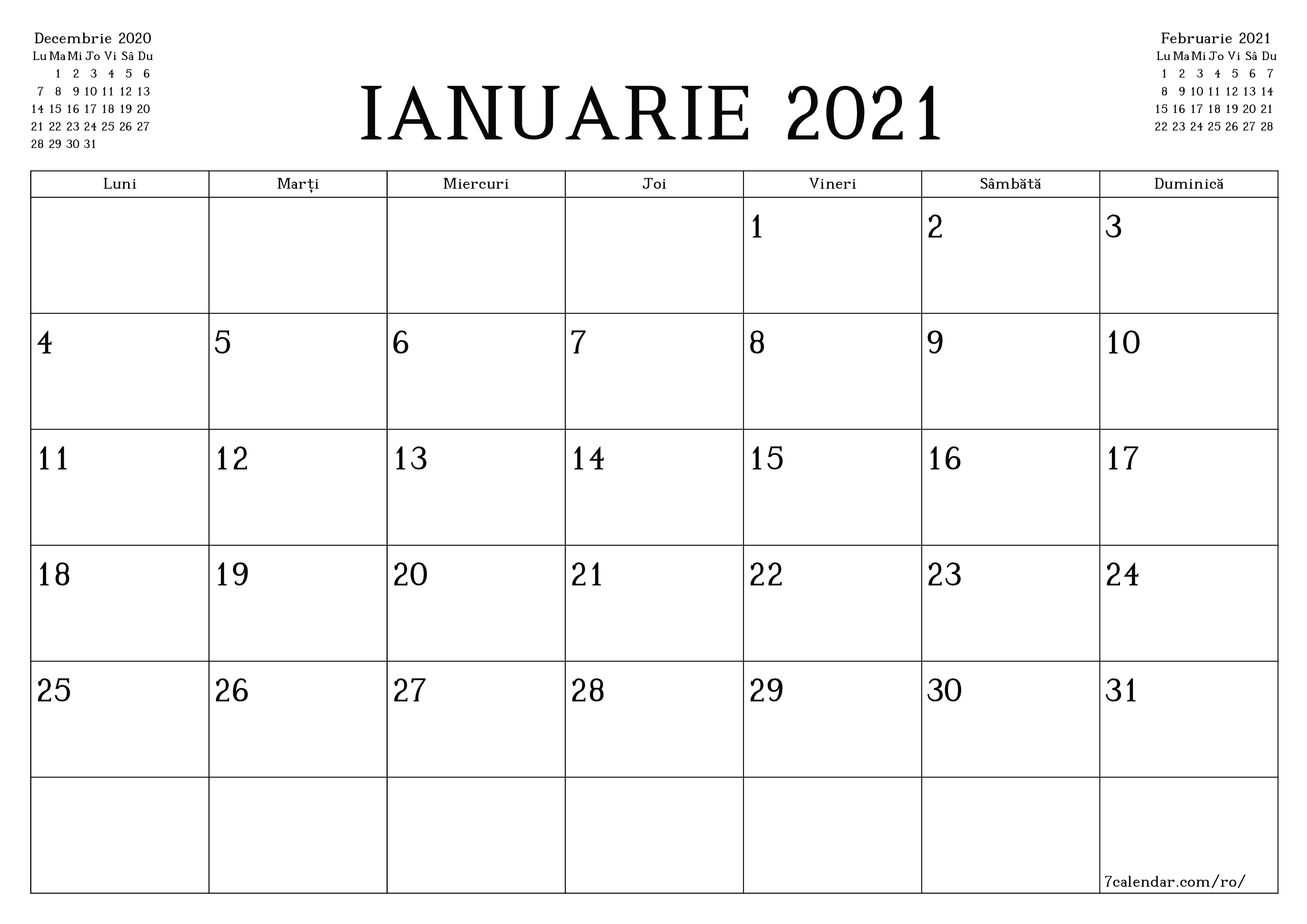 Planificator lunar gol pentru luna Ianuarie 2021 cu note, salvați și tipăriți în PDF PNG Romanian